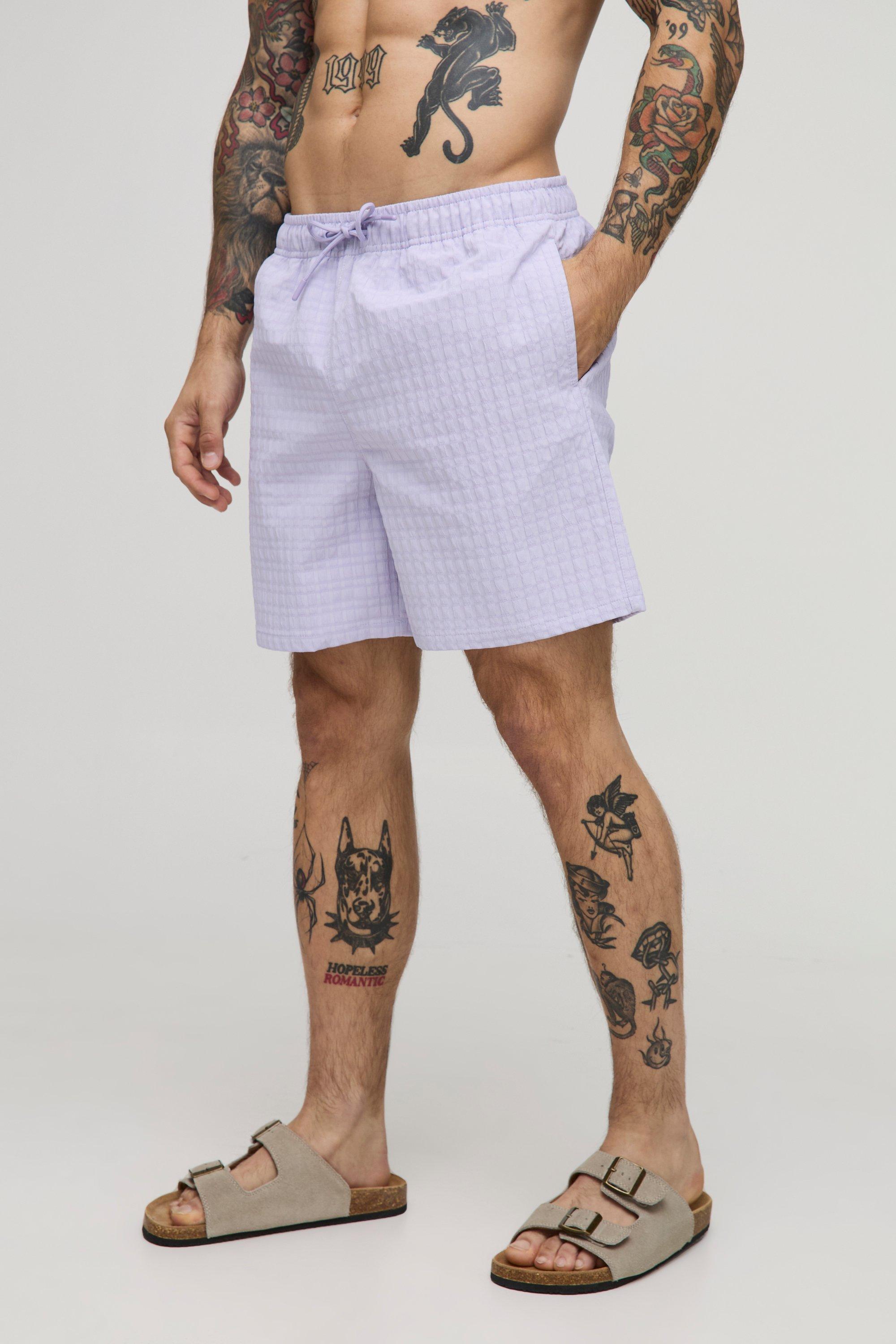 Mens Purple Mid Length Seersucker Check Swim Short, Purple