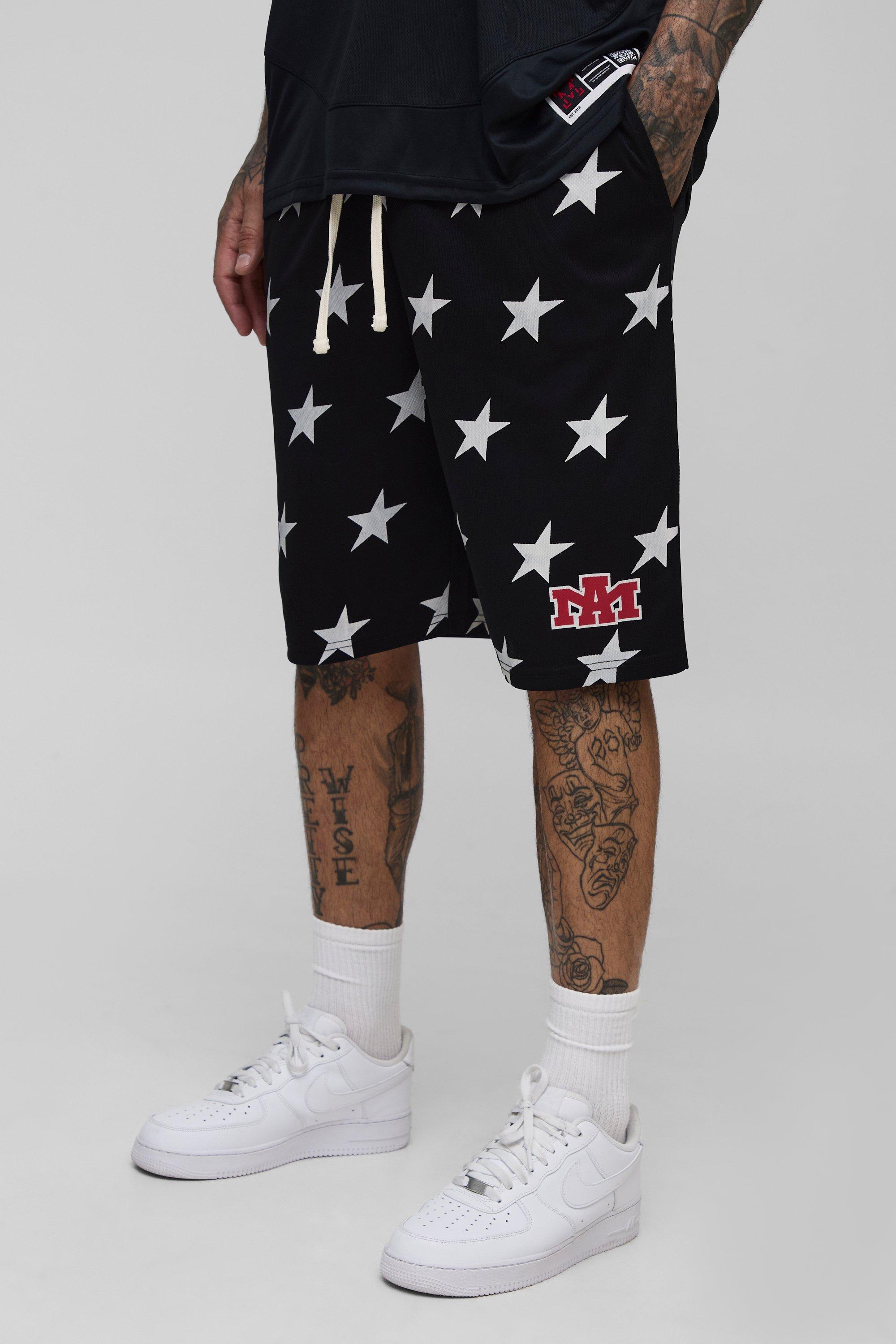 Mens Black Tall Star Print Relaxed Shorts, Black