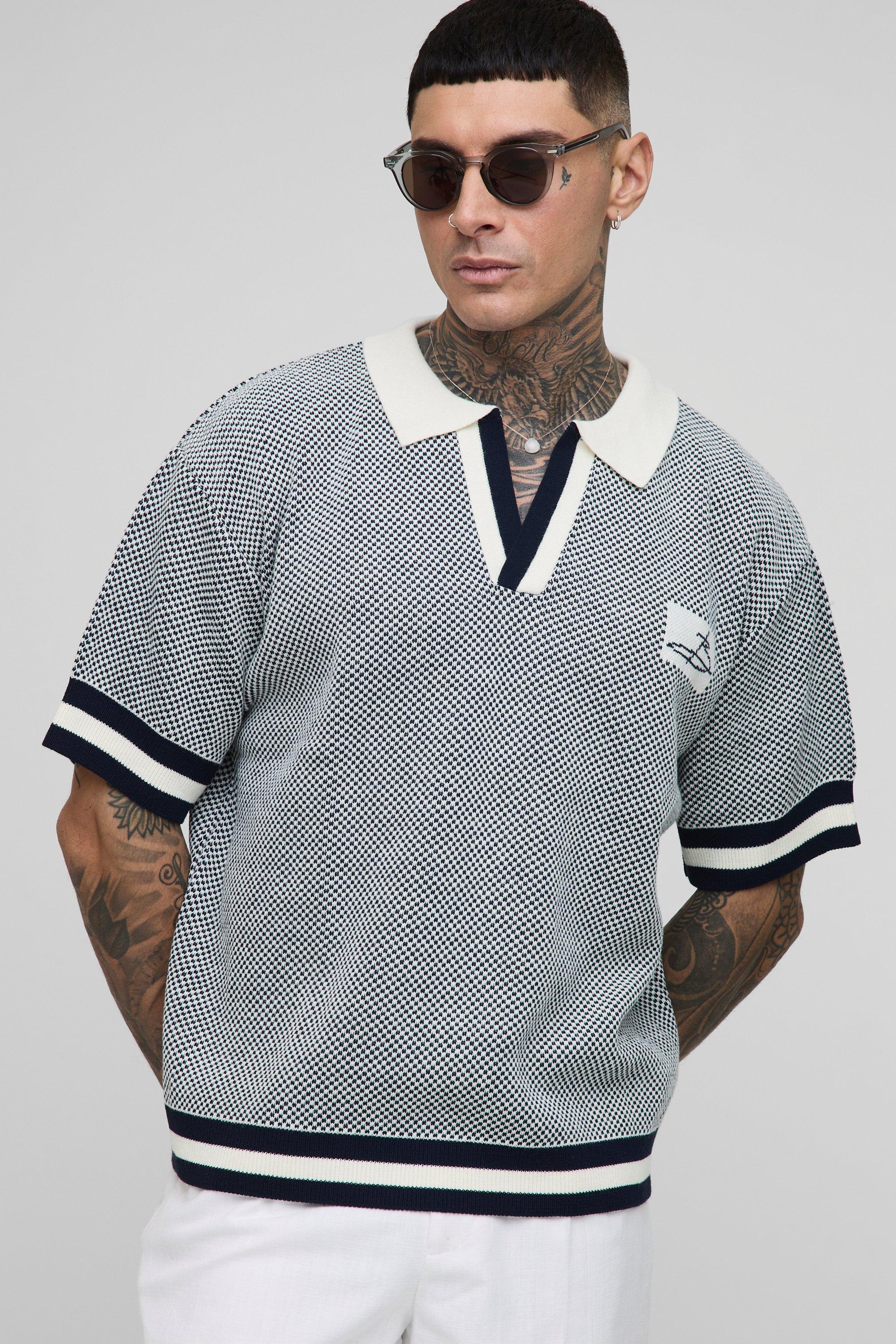 Mens Cream Tall Contrast Edge Open Knit Boxy Oversized Polo Shirt, Cream