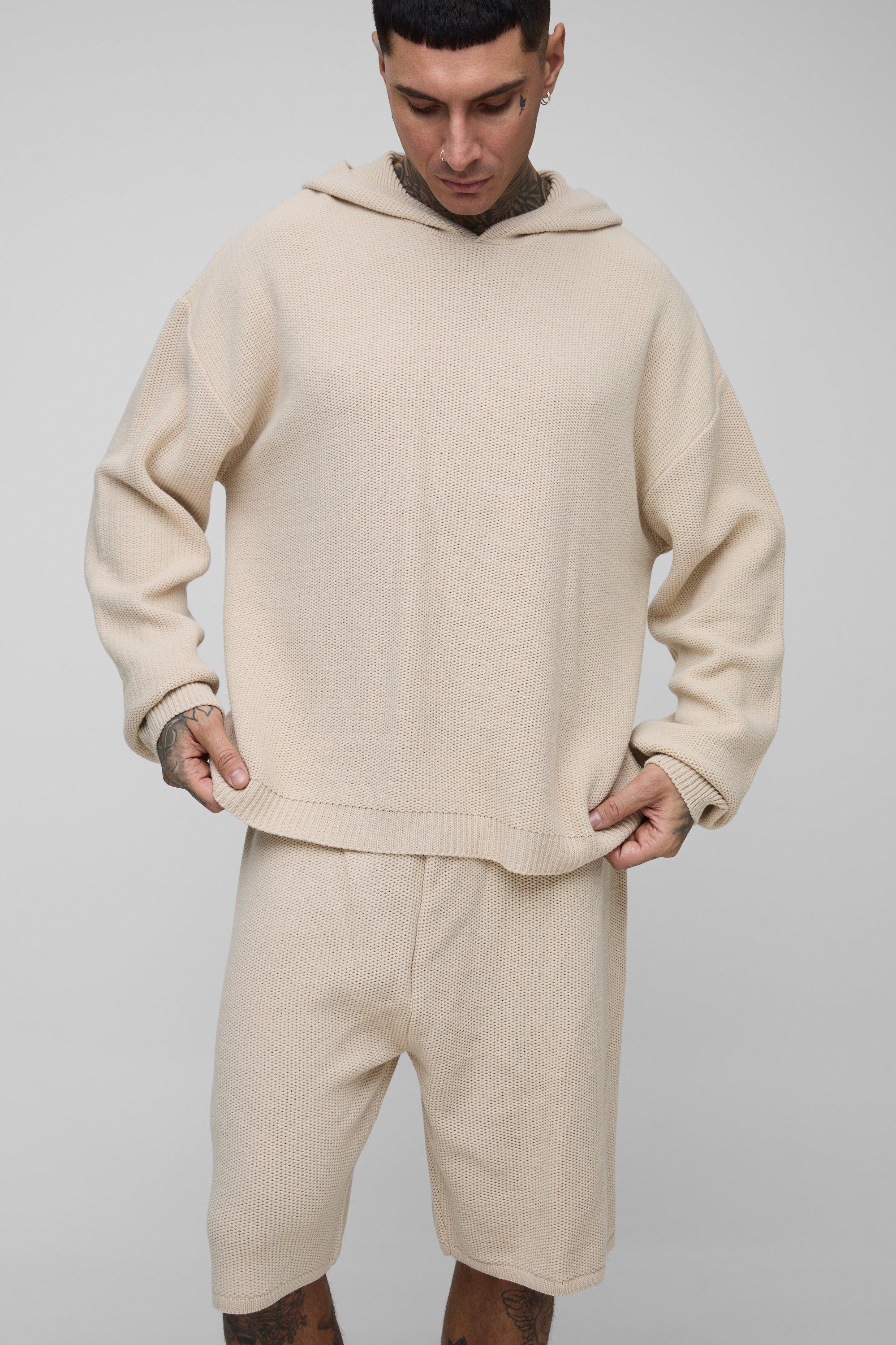 Image of Set Tall oversize in maglia con trama a nido d'ape, felpa con cappuccio & pantaloncini, Beige