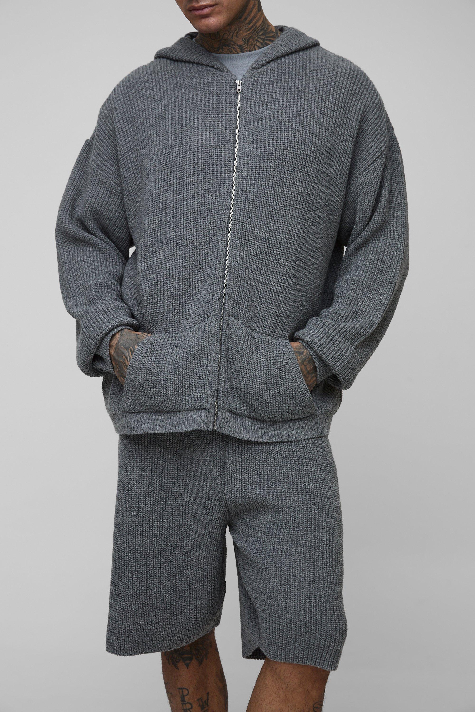 Mens Grey Tall Chain Stitch Zip Though Oversized Knitted Hoodie & Short Set, Grey