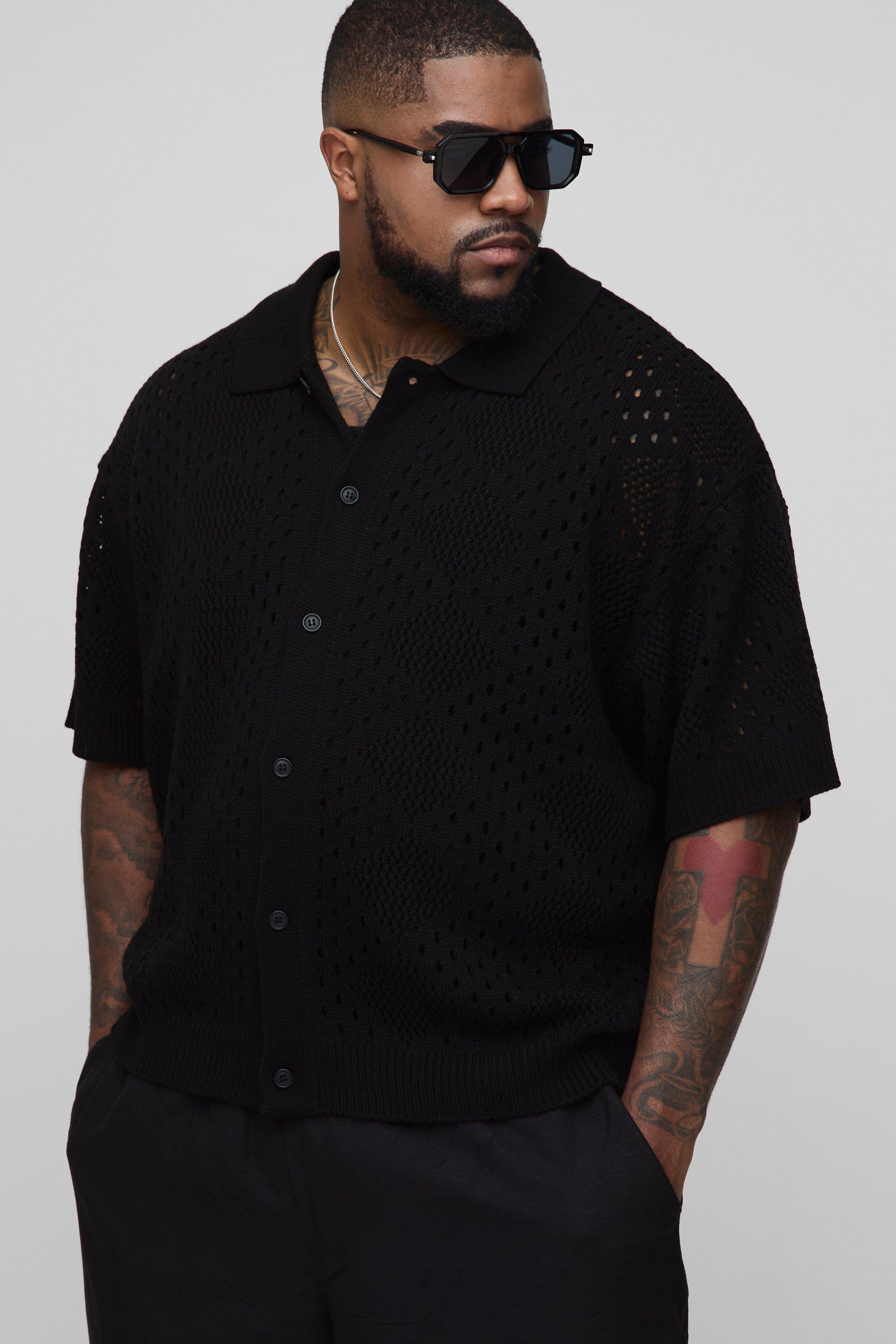 Mens Black Plus Oversized Open Stitch Knitted Shirt, Black