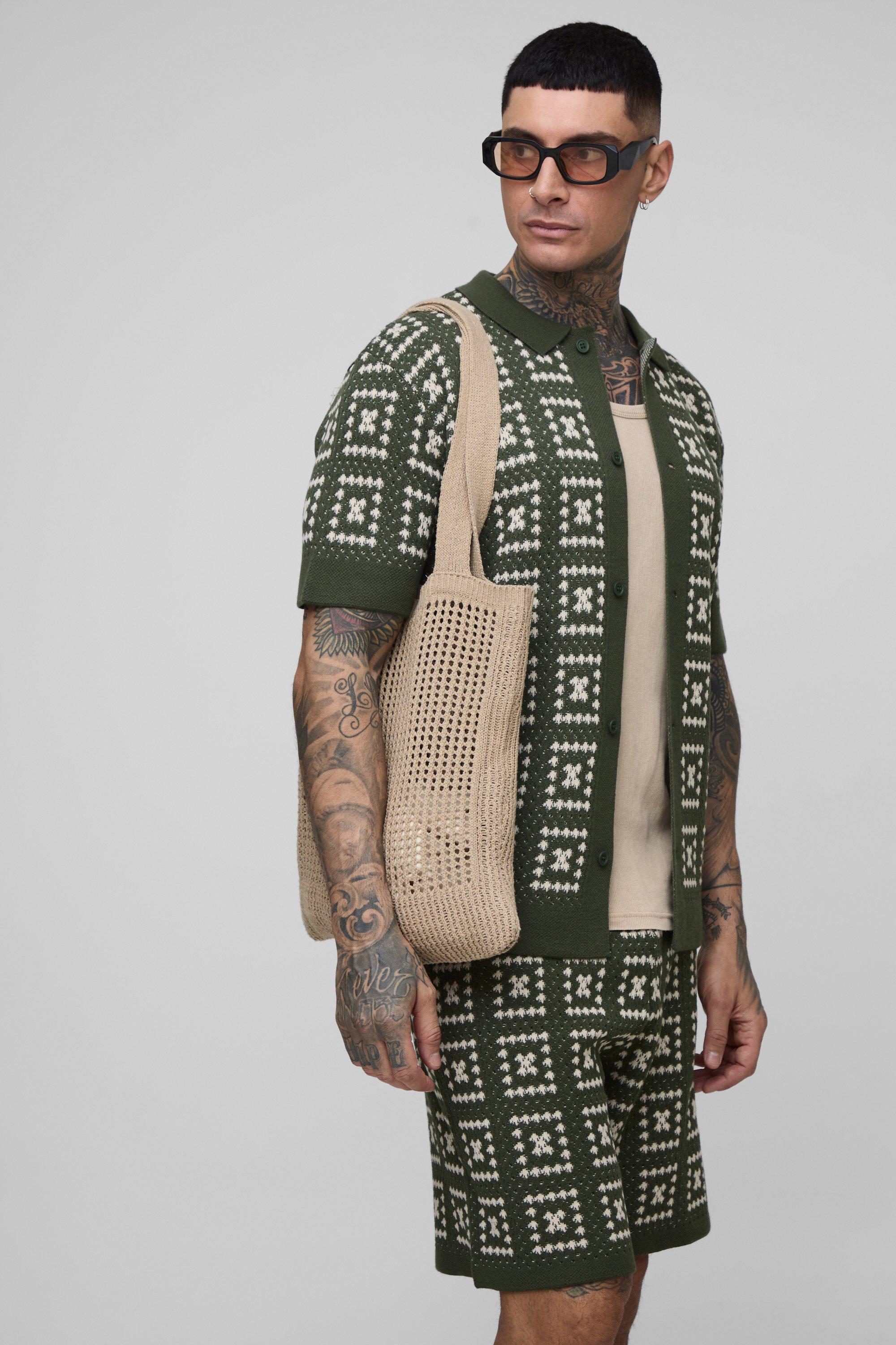 Mens Green Tall Oversized Crochet Shirt & Short Set, Green