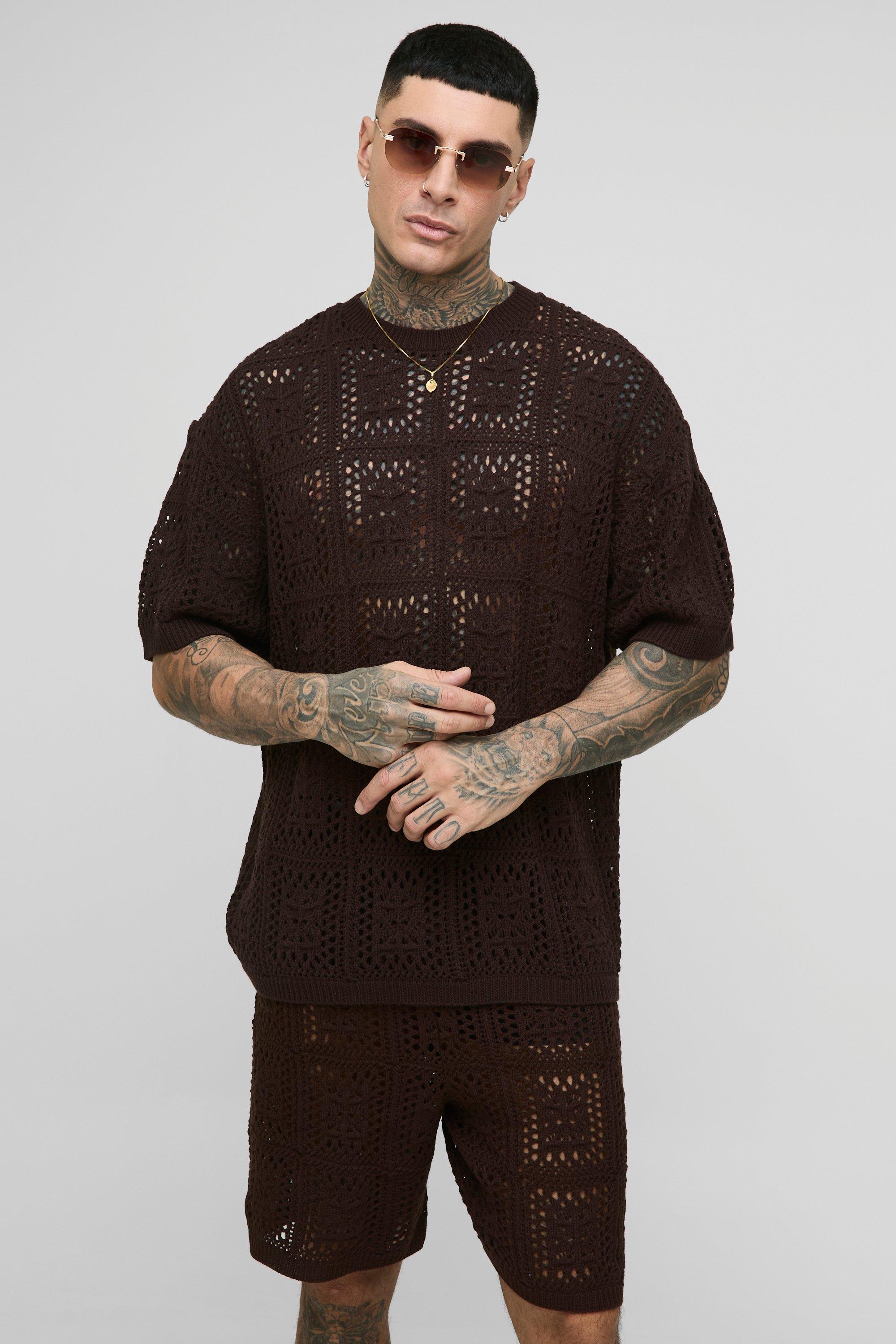 Mens Brown Tall Oversized Crochet T-Shirt & Short Set, Brown