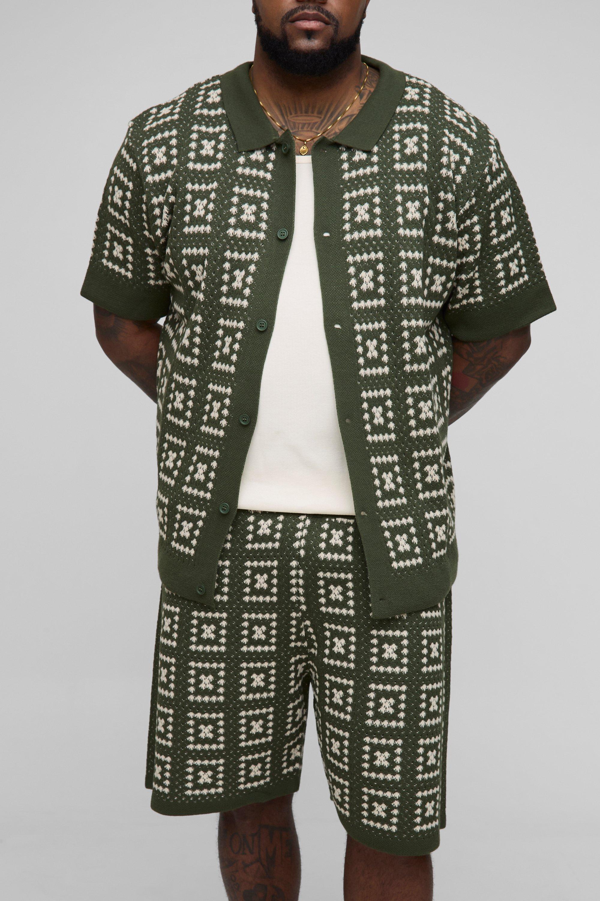 Mens Green Plus Oversized Crochet Shirt & Short Set, Green