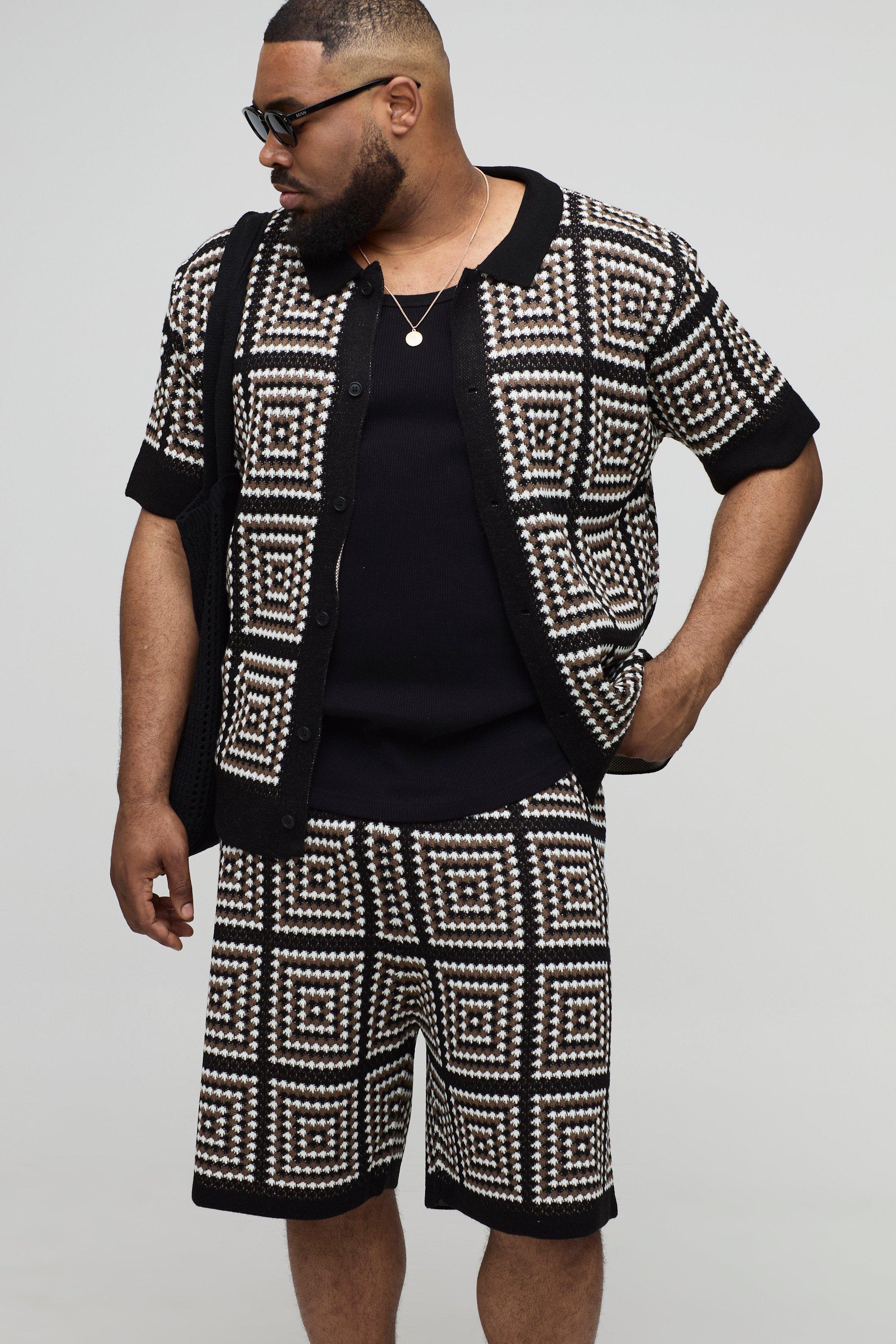 Mens Black Plus Regular Fit Crochet Shirt & Relaxed Short Set, Black