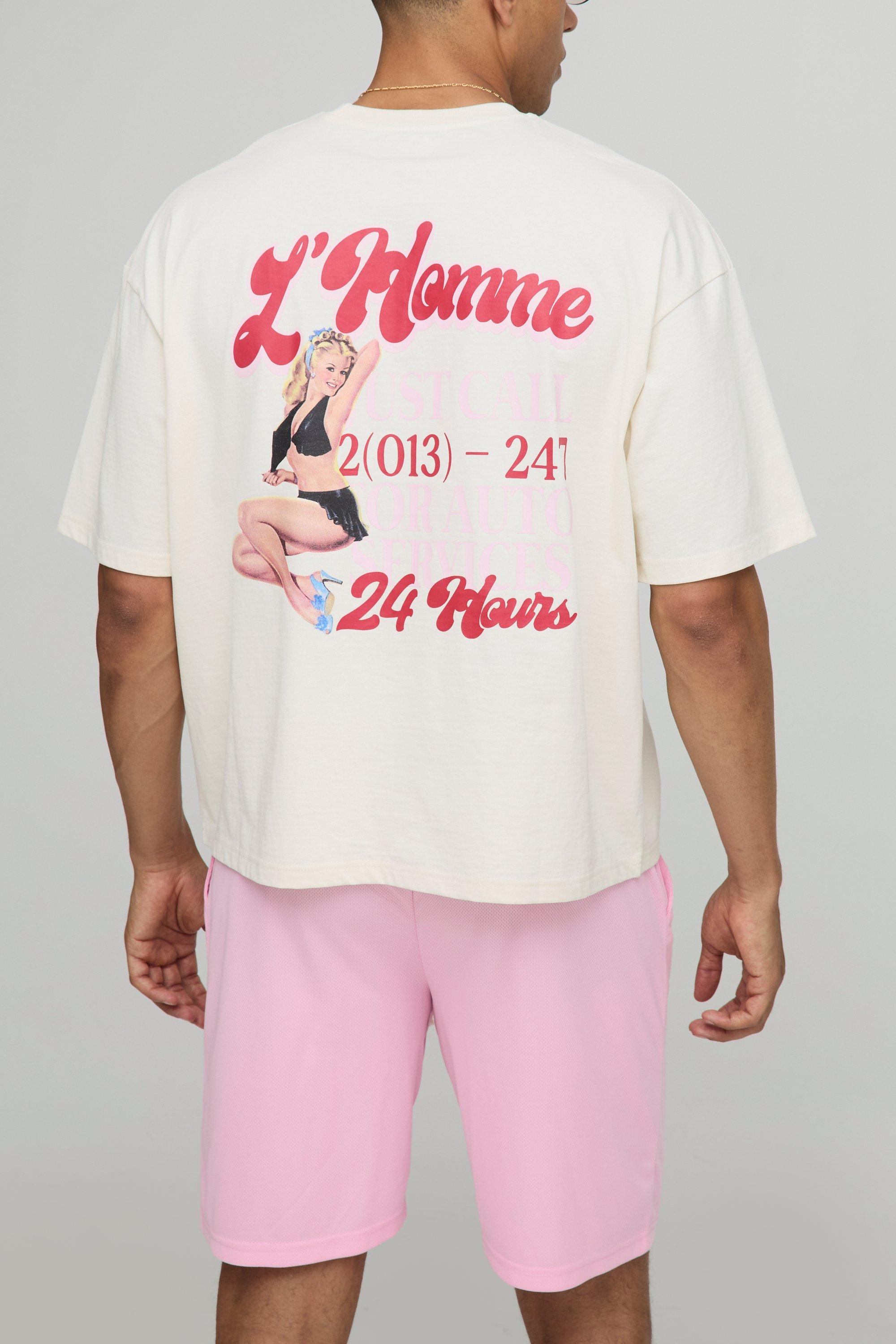 Mens Pink Oversized Boxy Puff Printed T-Shirt And Mesh Short Set, Pink