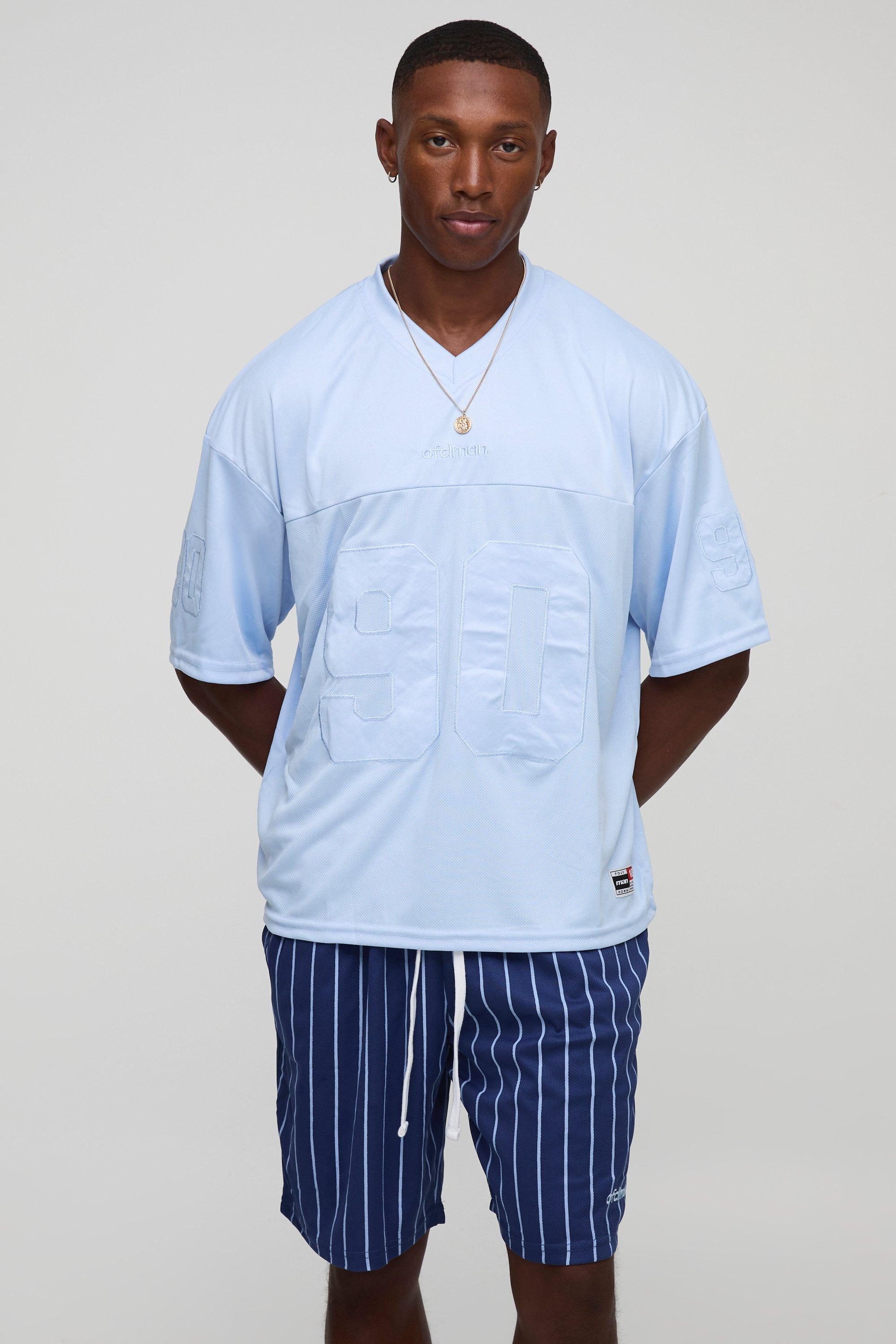 Image of Set T-shirt squadrata oversize in rete da Hockey & pantaloncini con ricami, Azzurro