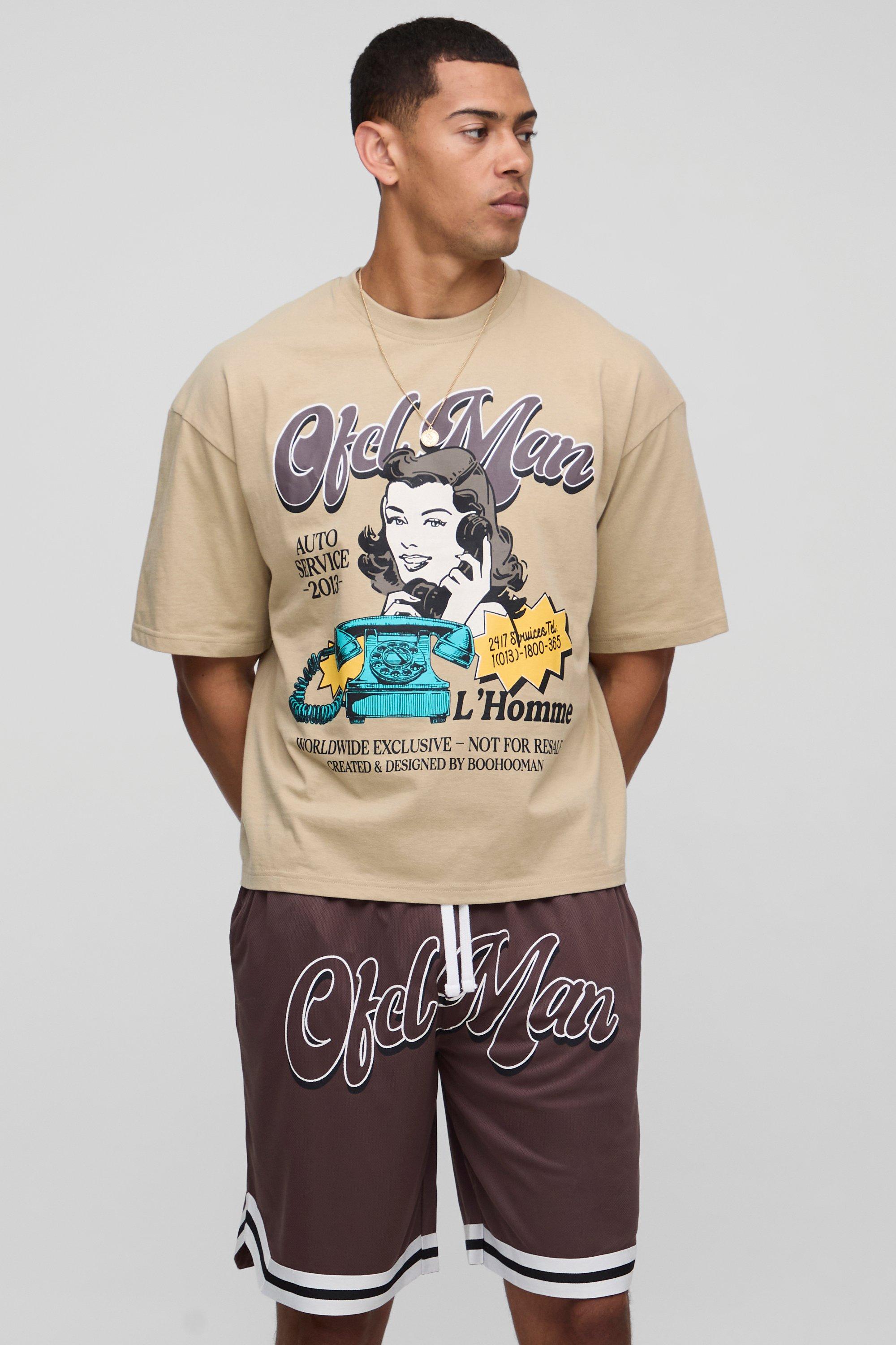 Mens Brown Oversized Boxy Graphic T-shirt And Basketball Short Set, Brown