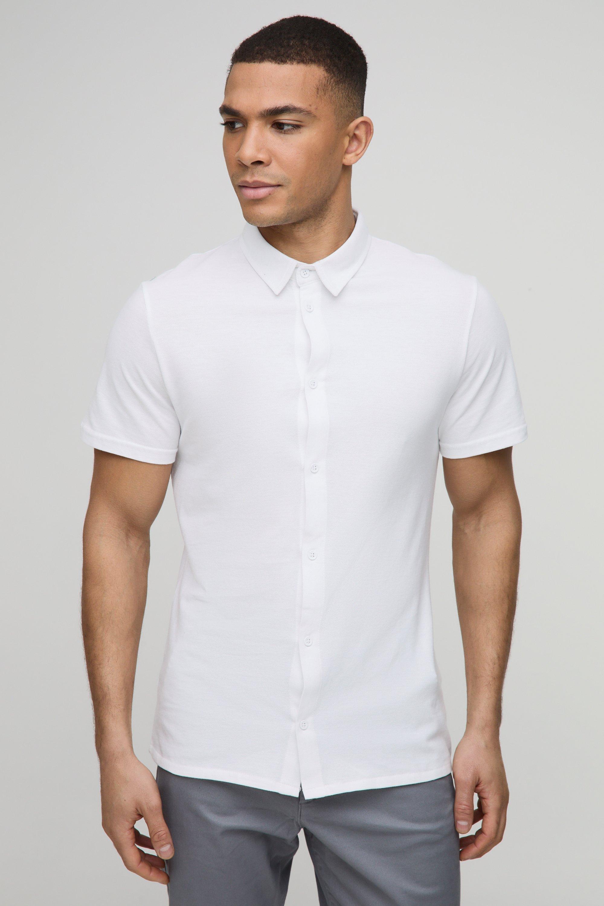 Mens White Slim Fit Pique Button Down Collar Jersey Shirt, White