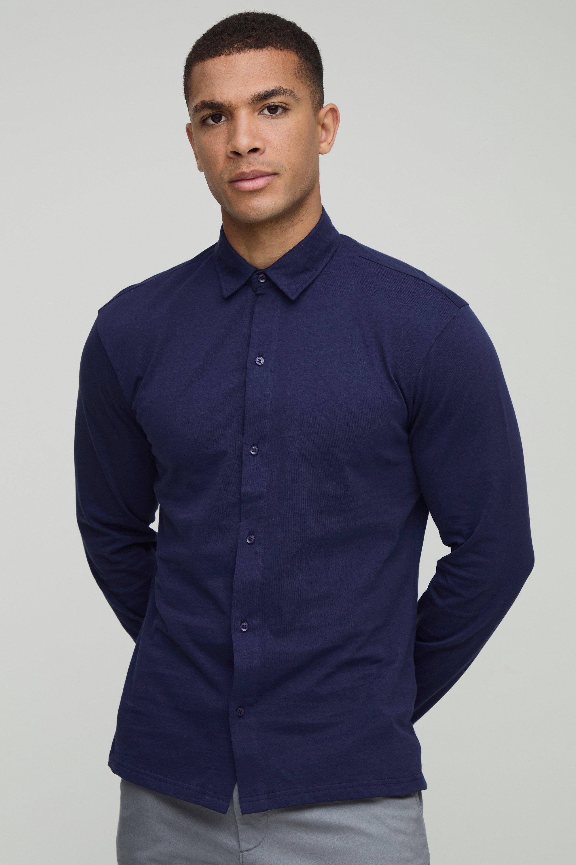 Mens Navy Slim Fit Jersey Long Sleeve Shirt, Navy