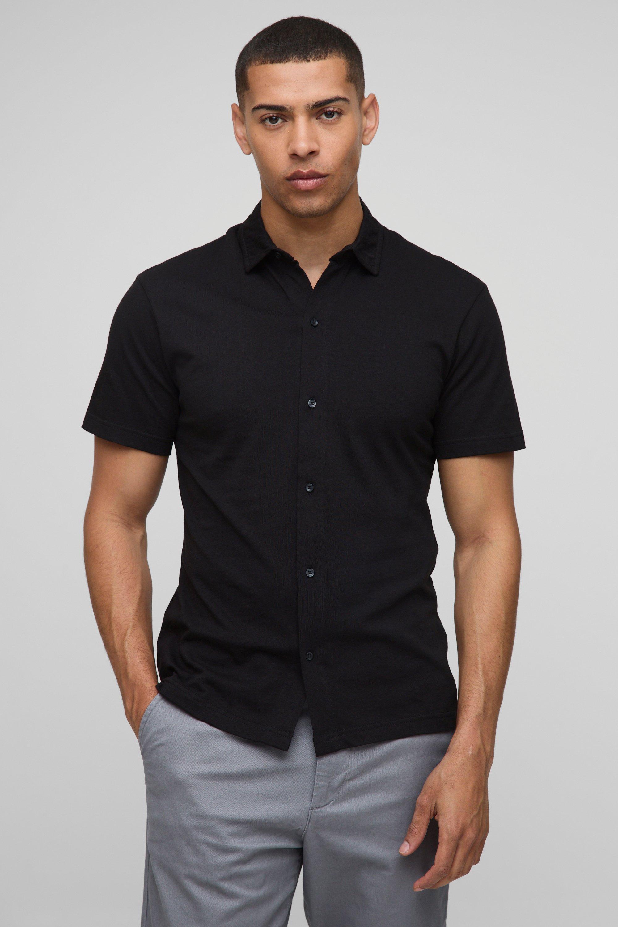 Mens Black Slim Fit Jersey Short Sleeve Revere Shirt, Black