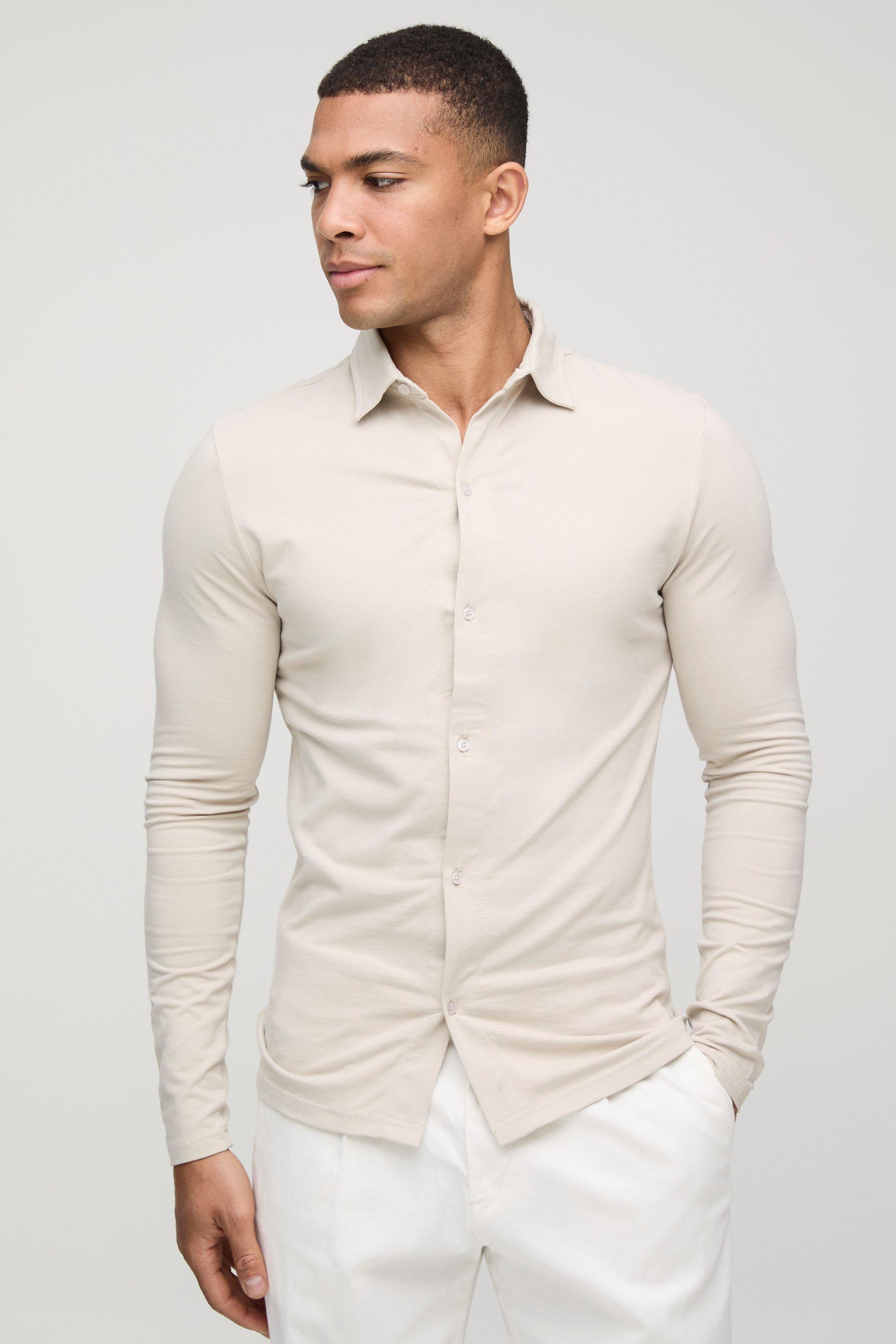 Mens Beige Stretch Muscle Fit Jersey Long Sleeve Shirt, Beige