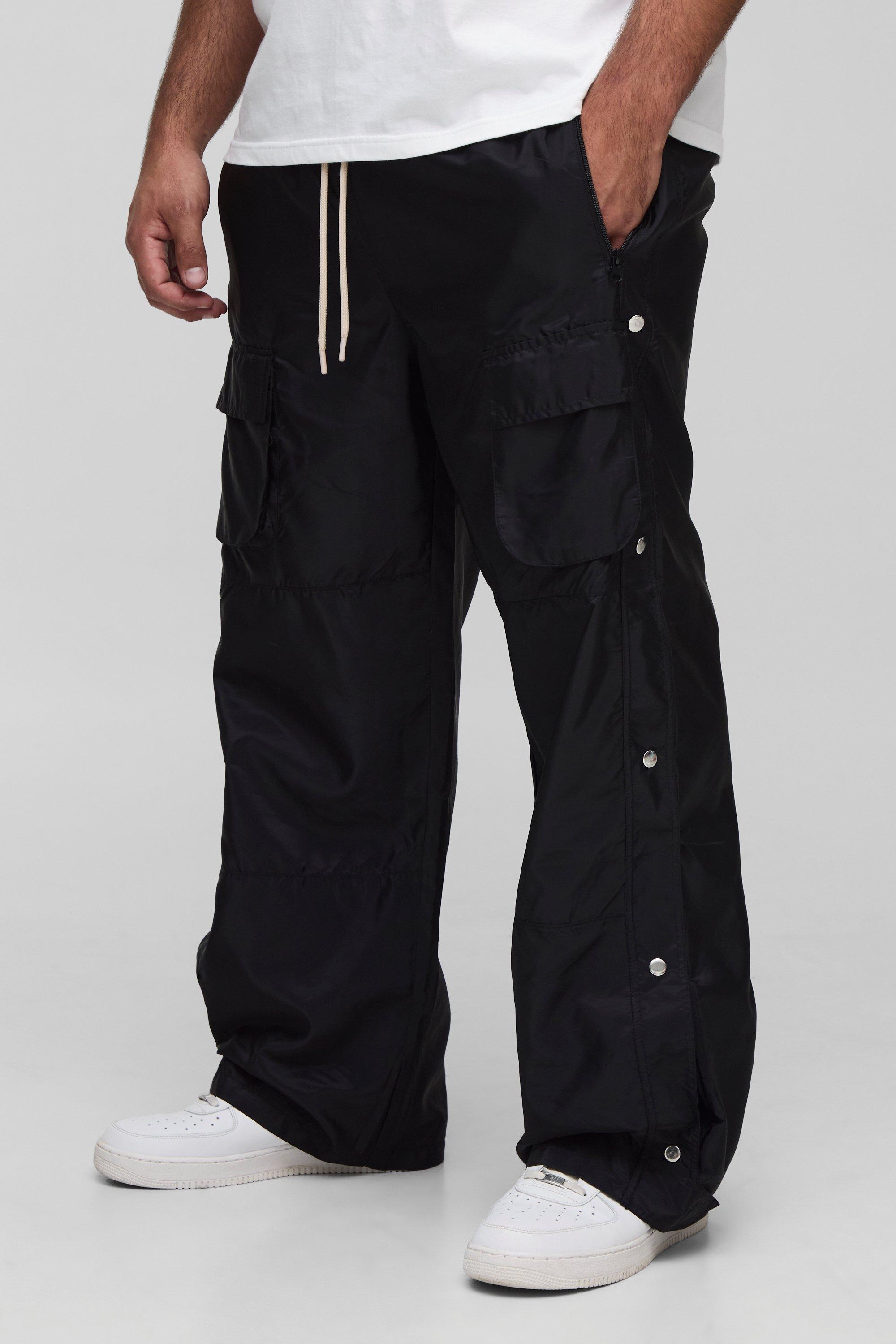 Mens Black Plus Popper Side Elasticated Waist Relaxed Cargo Trousers, Black