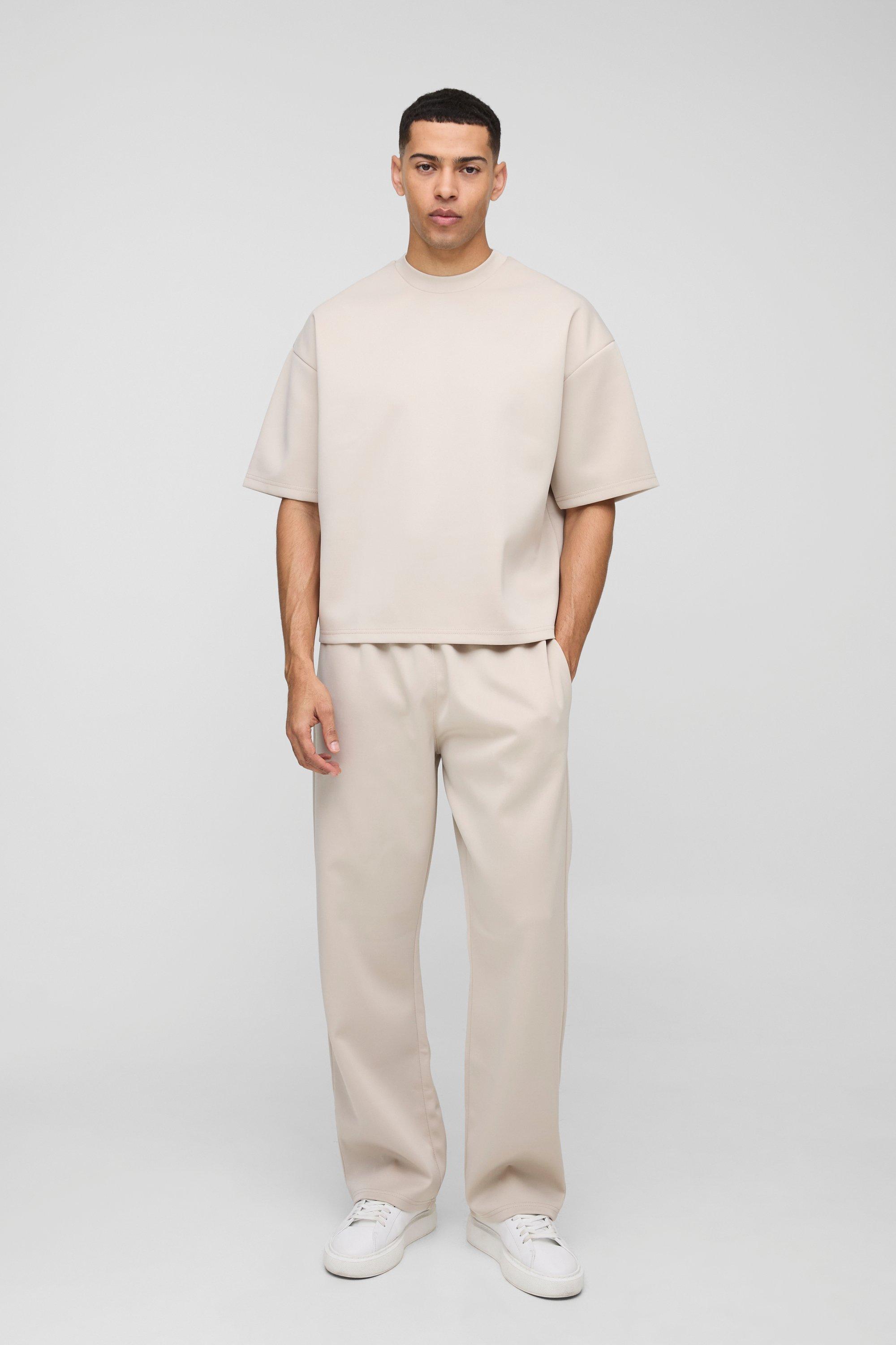 Mens Beige Oversized Boxy Scuba T-Shirt & Straight Leg Jogger Tracksuit, Beige
