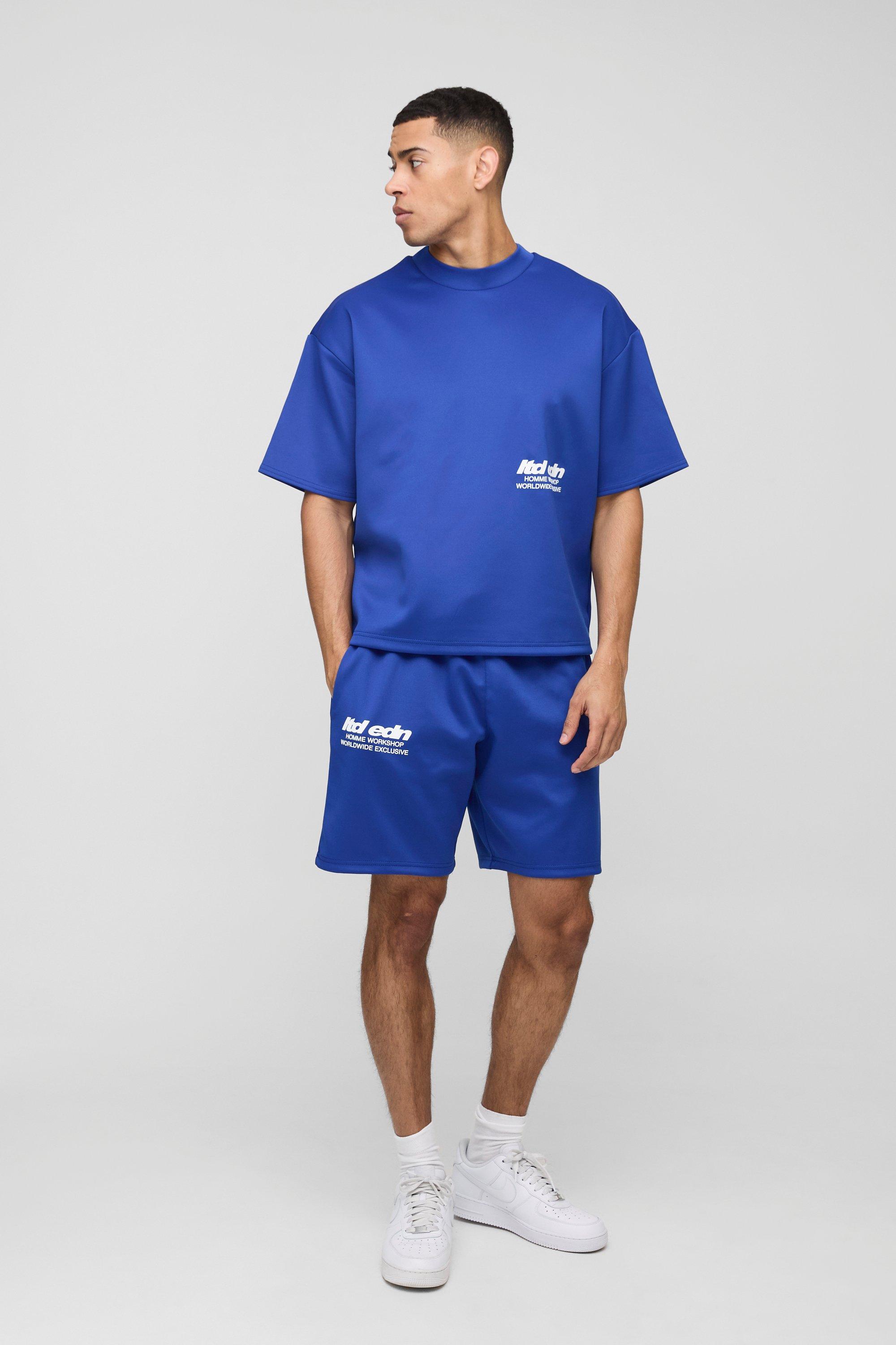 Mens Blue Oversized Boxy Ltd Edn Scuba Printed T-Shirt & Short Set, Blue