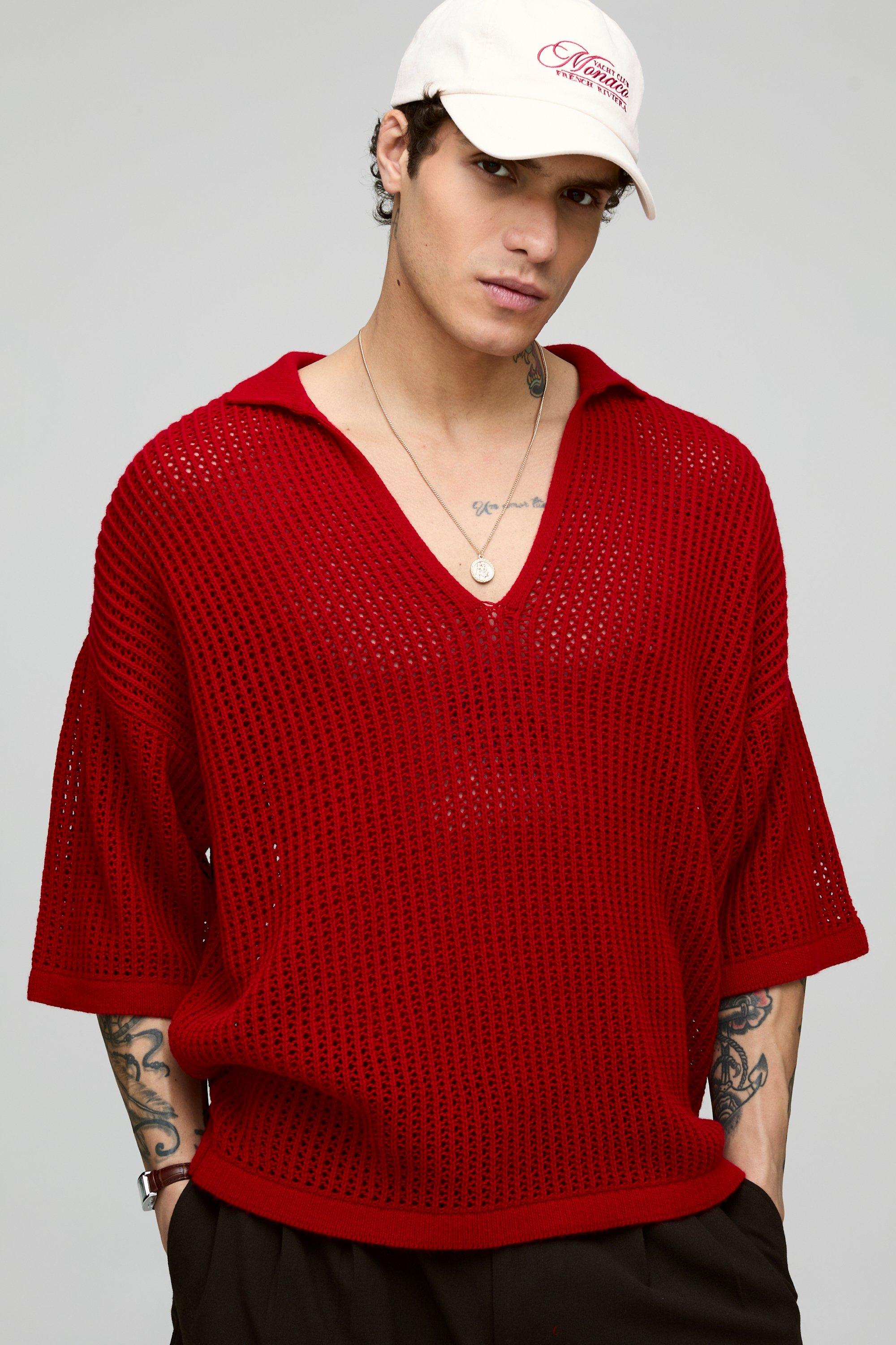 Oversized Open Stitch Knitted V Neck Polo