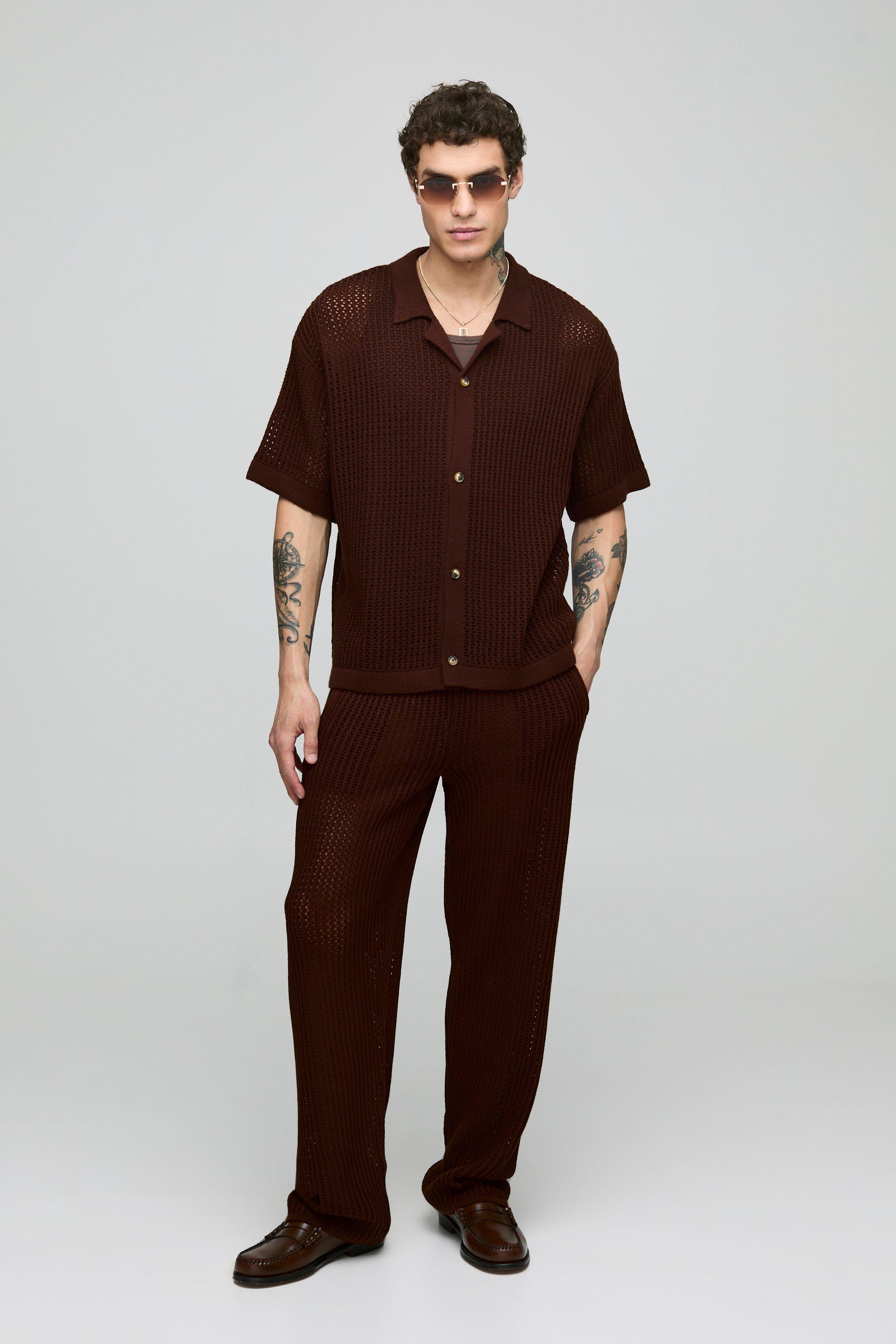 Mens Brown Oversized Revere Knitted Shirt & Relaxed Trouser Set, Brown