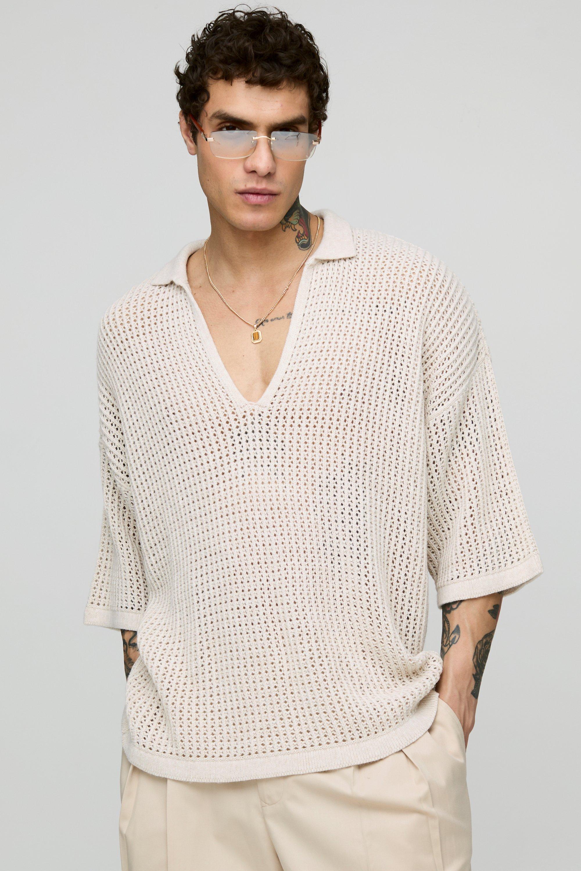 Oversized Open Stitch Knitted V Neck Polo