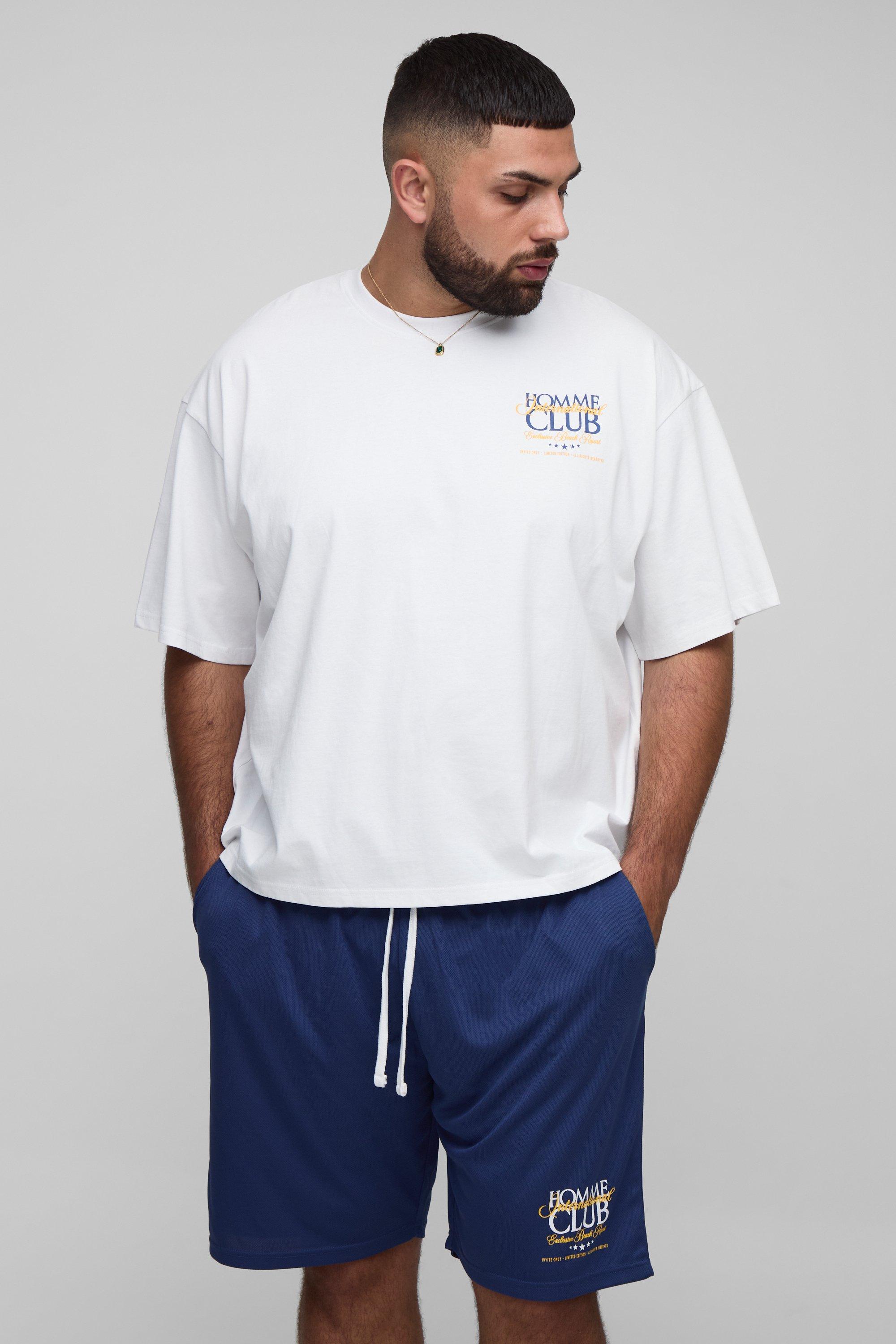 Mens Navy Plus Oversized Boxy Embroidered Homme Club T-Shirt & Mesh Shorts Set, Navy