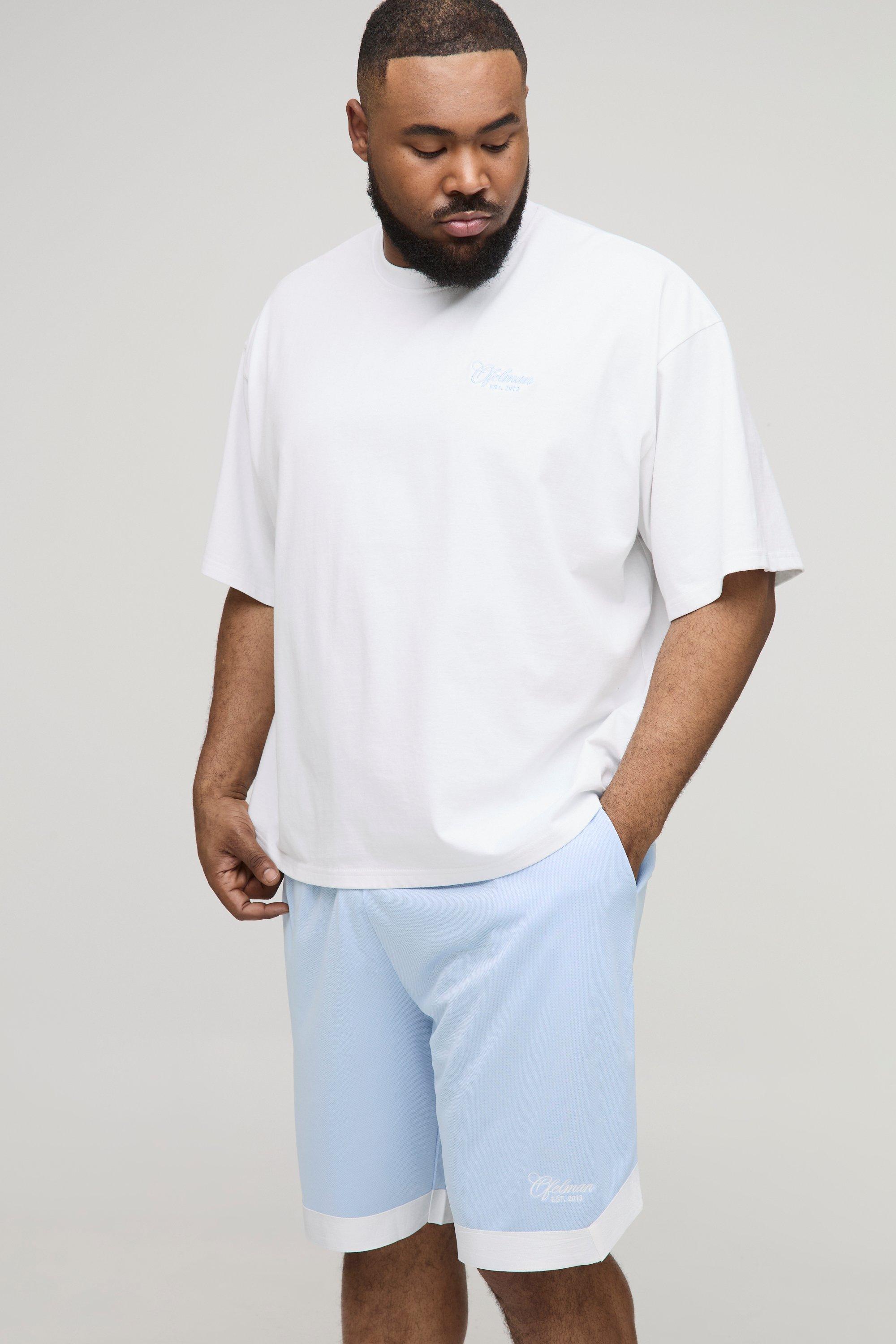 Image of Plus Oversized Boxy Embroidered Basketball T-Shirt & Shorts Set, Azzurro