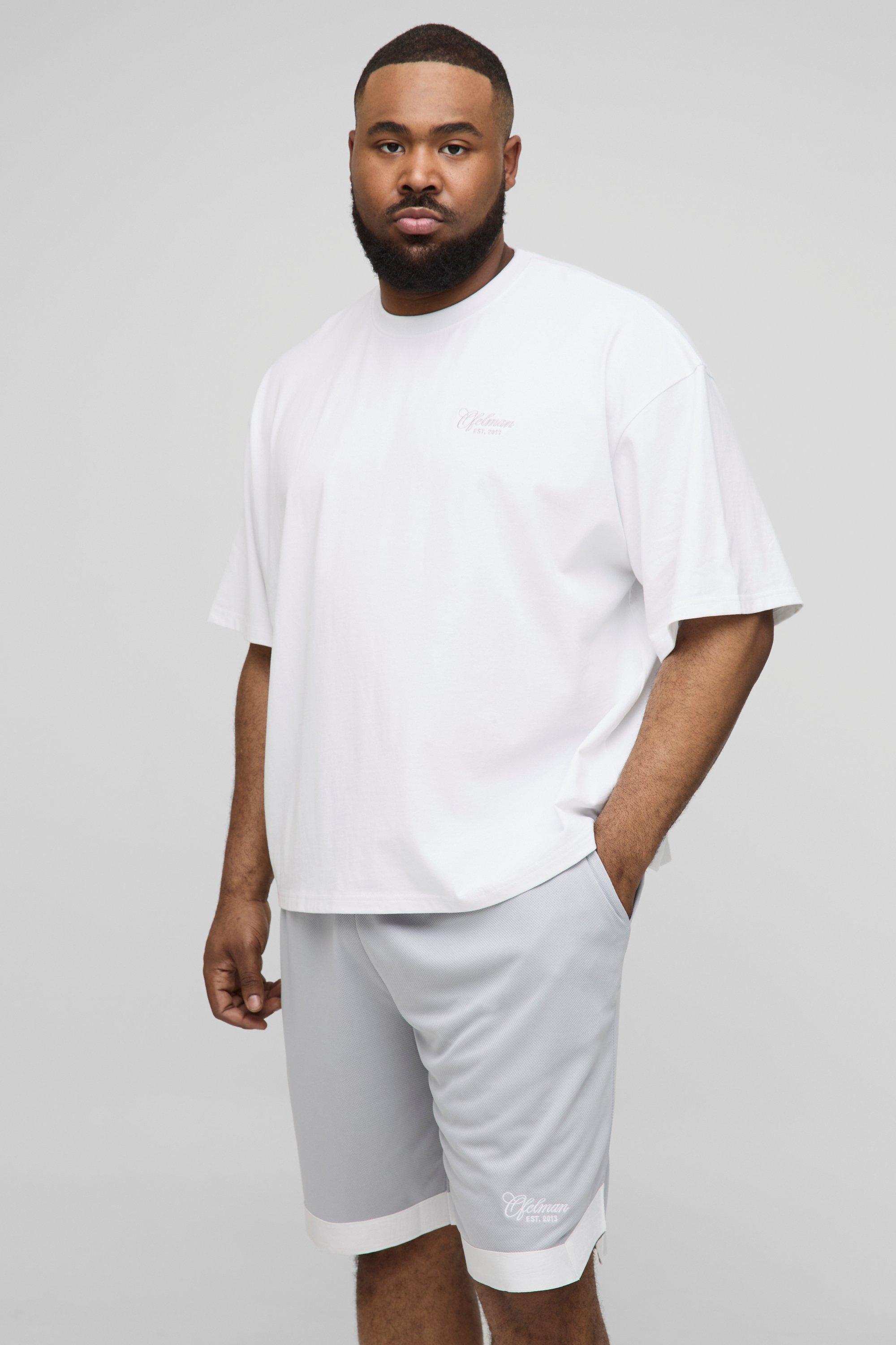 Mens Grey Plus Oversized Boxy Embroidered Basketball T-Shirt & Shorts Set, Grey
