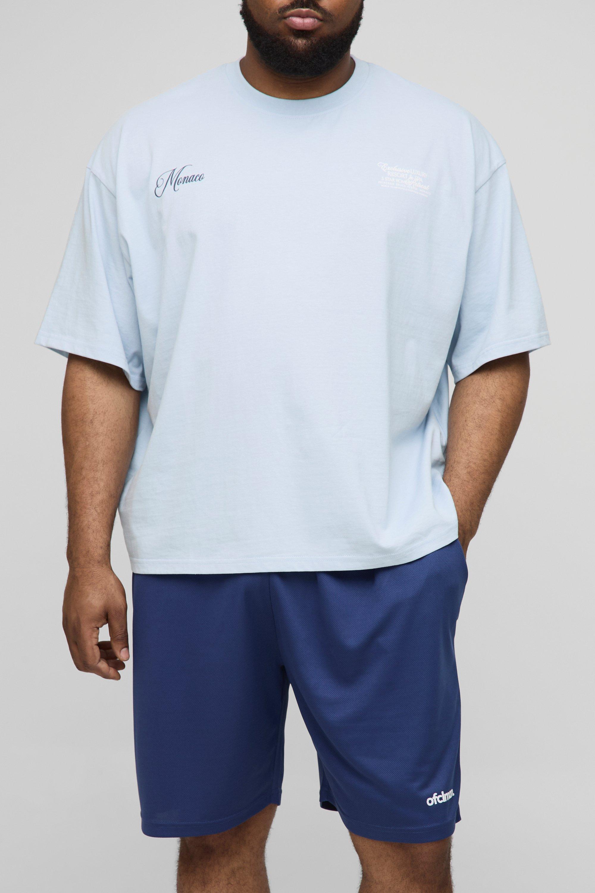 Mens Navy Plus Oversized Boxy Puff Printed T-Shirt & Shorts Set, Navy