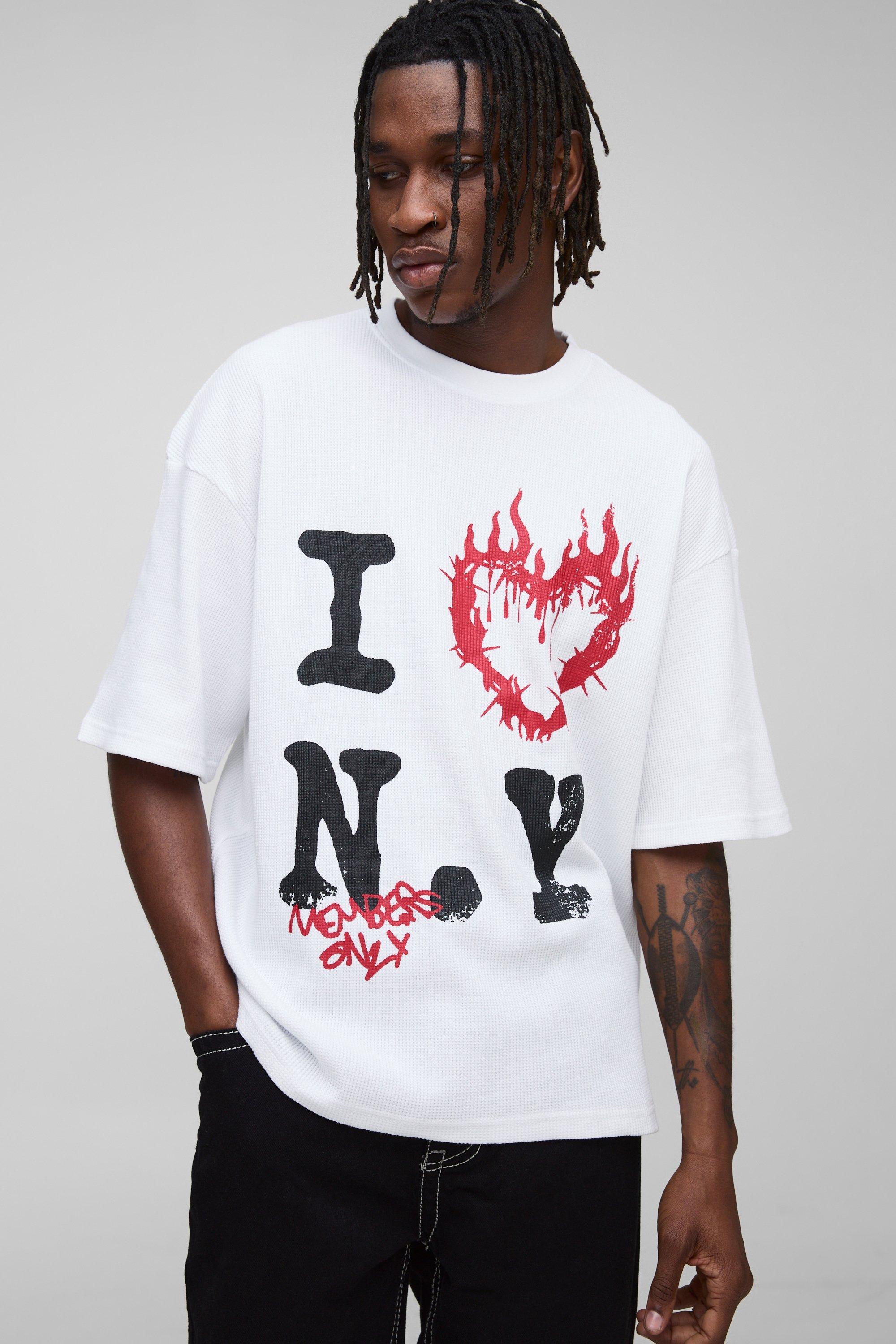 Mens White Tall Oversized Boxy Waffle I Heart New York T-Shirt, White