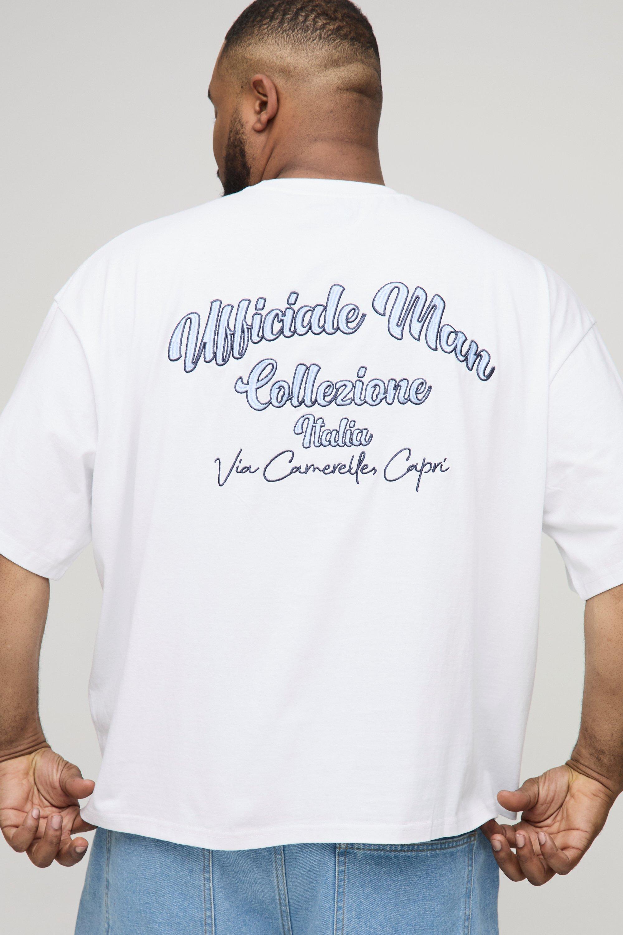 Mens White Plus Oversized Boxy 3D Embroidered T-Shirt, White