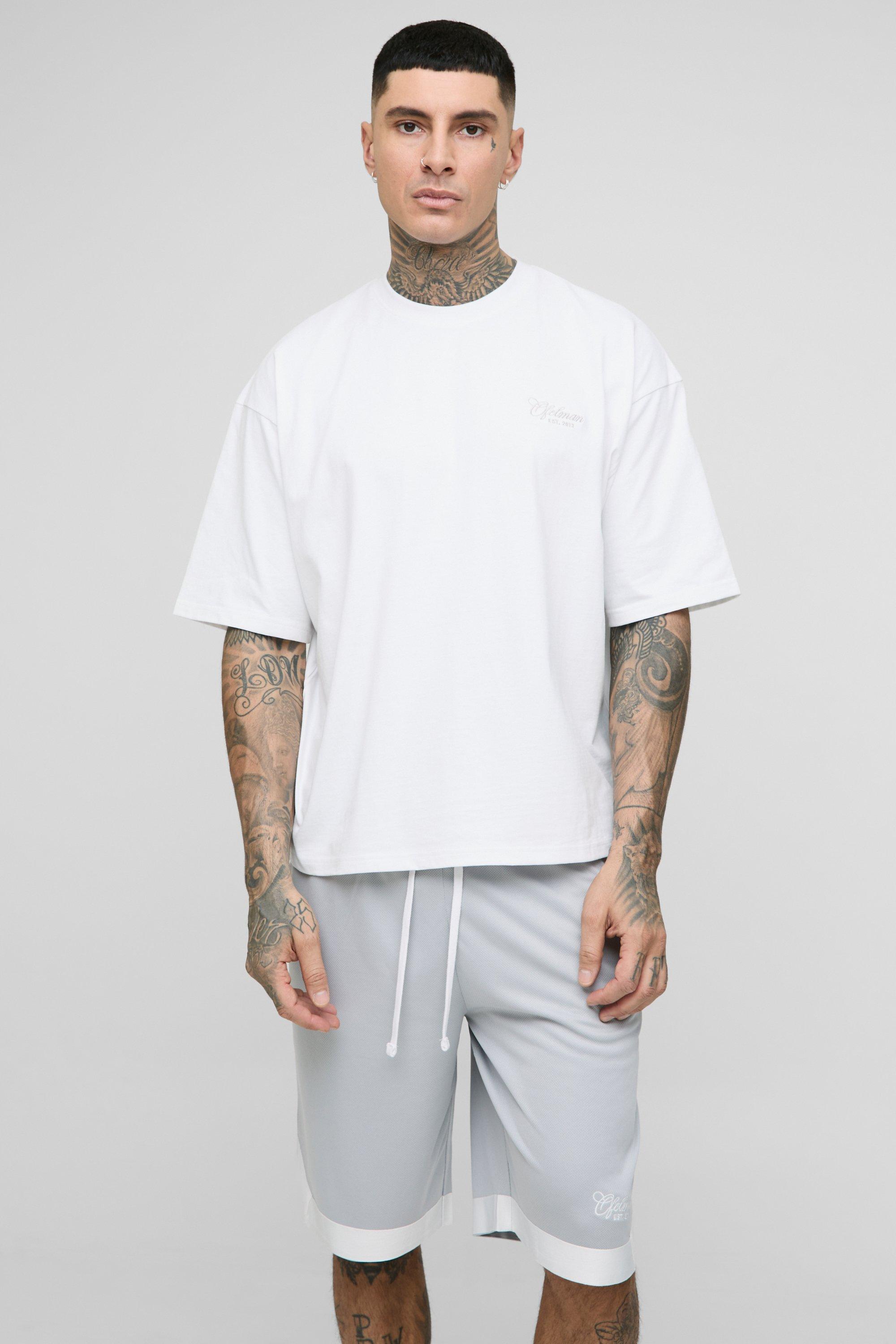 Mens Grey Tall Oversized Boxy Embroidered Basketball T-Shirt & Shorts Set, Grey