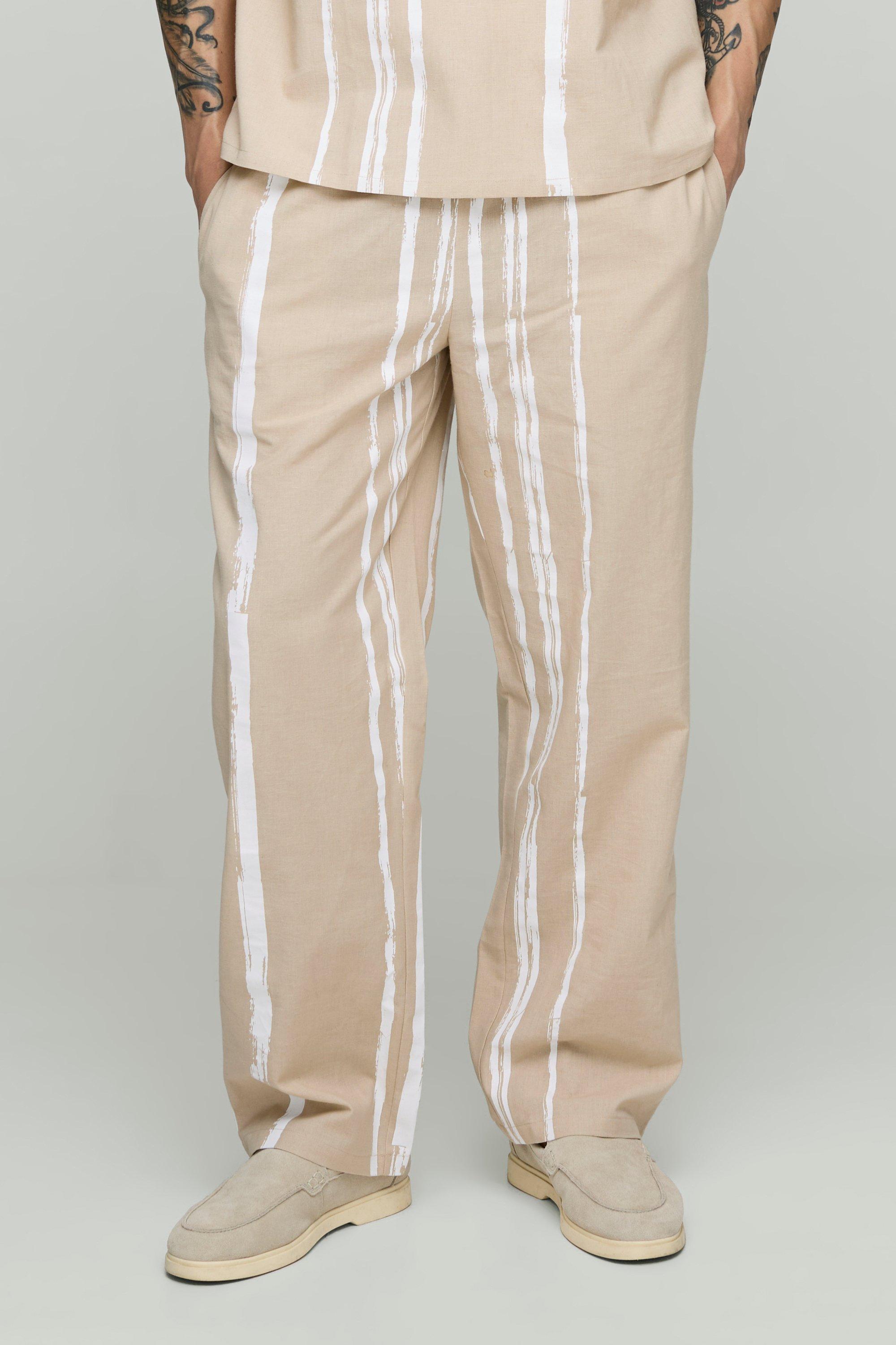 Mens Beige Relaxed Linen Blend Stripe Trousers, Beige
