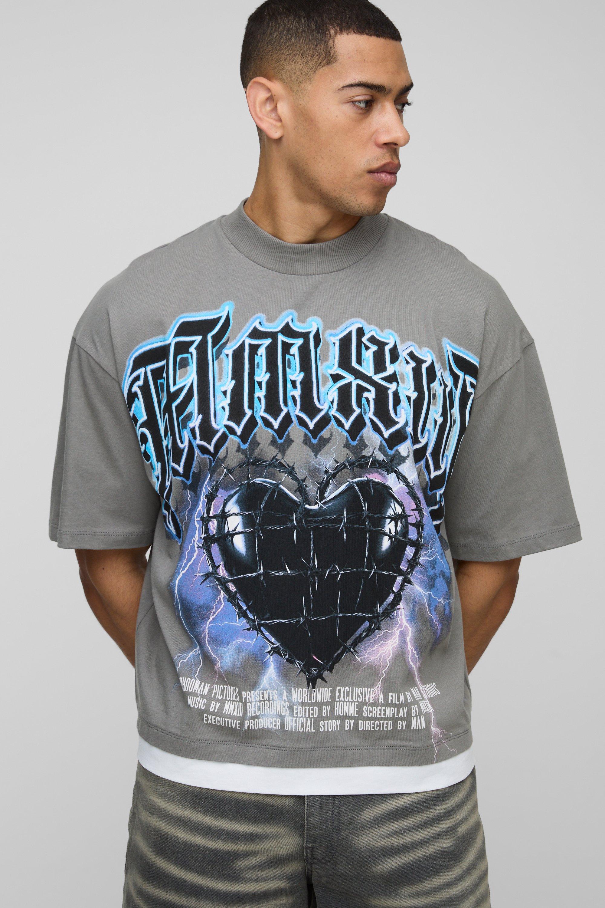 Mens Grey Oversized Boxy Extended Neck Heart Faux Layer T-shirt, Grey