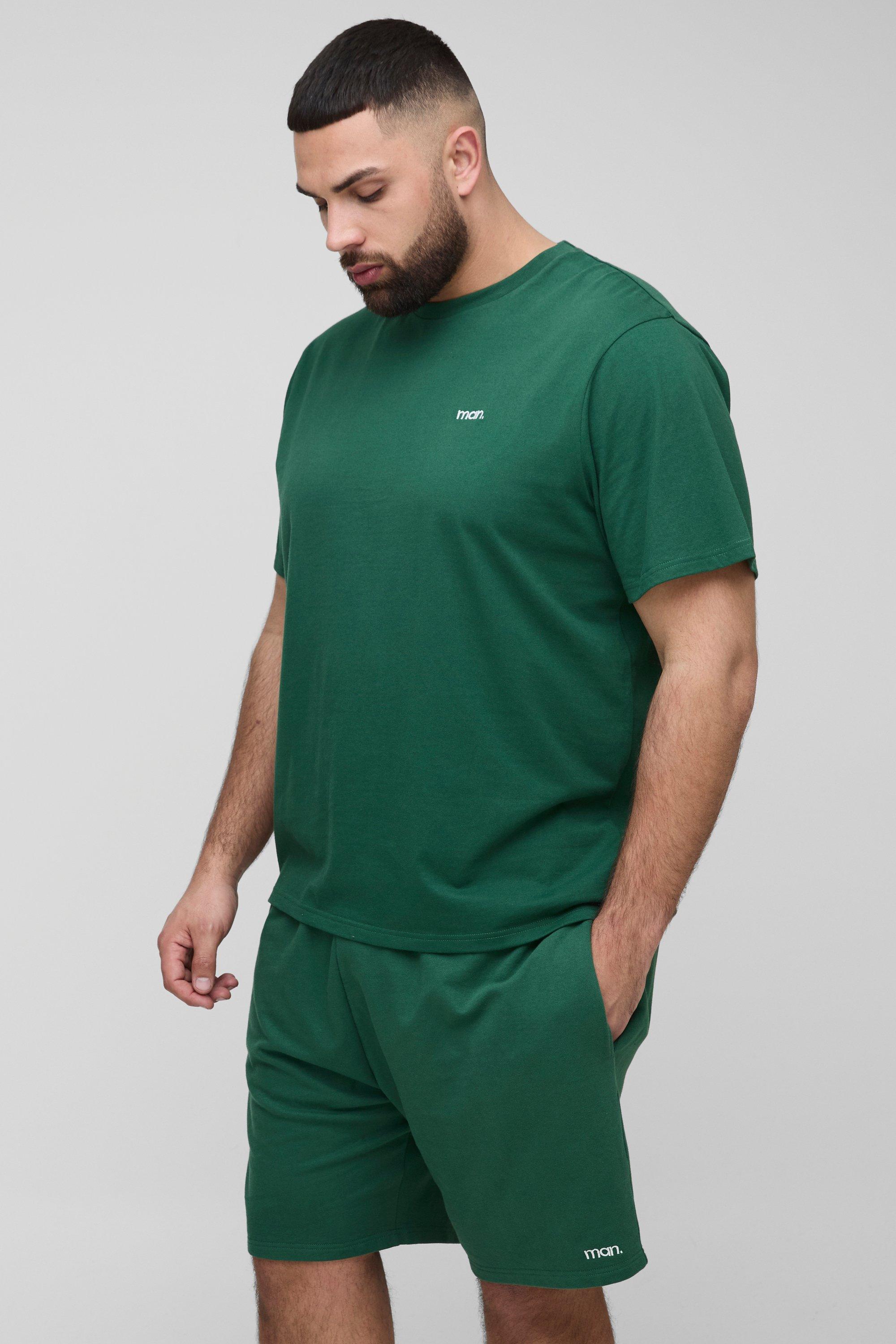 Mens Green Plus Regular Fit Man Embroidered T-Shirt & Short Set, Green