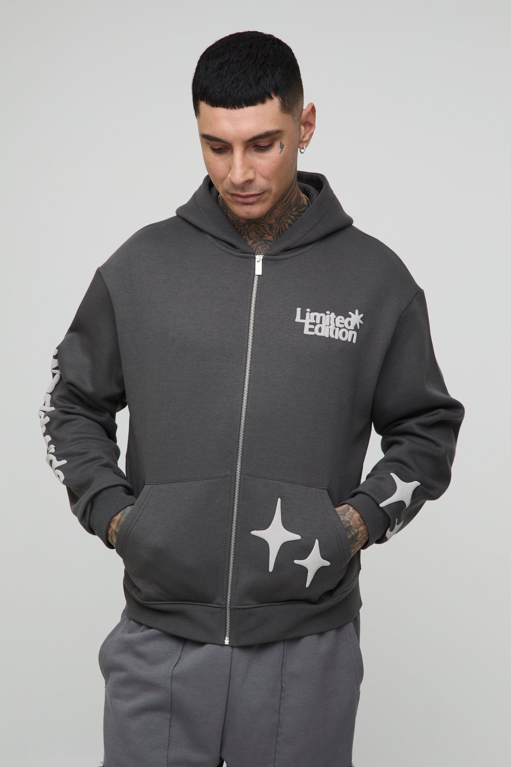 Mens Grey Tall Oversized Boxy Worldwide Puff Print Zip Through Hoodie, Grey