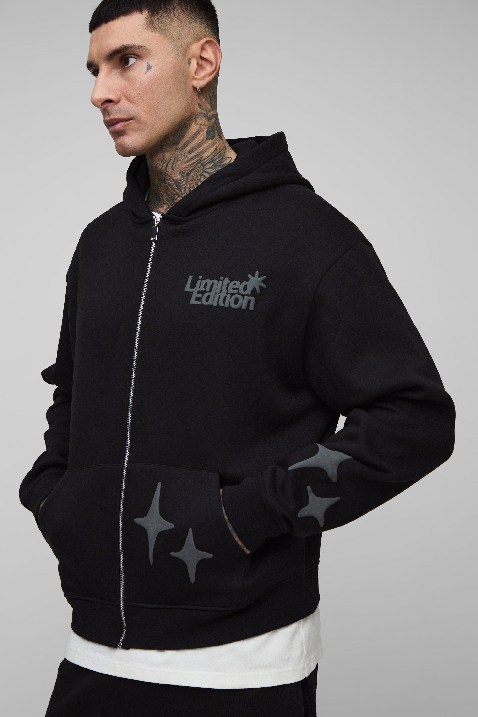 Mens Black Tall Oversized Boxy Worldwide Puff Print Zip Through Hoodie, Black