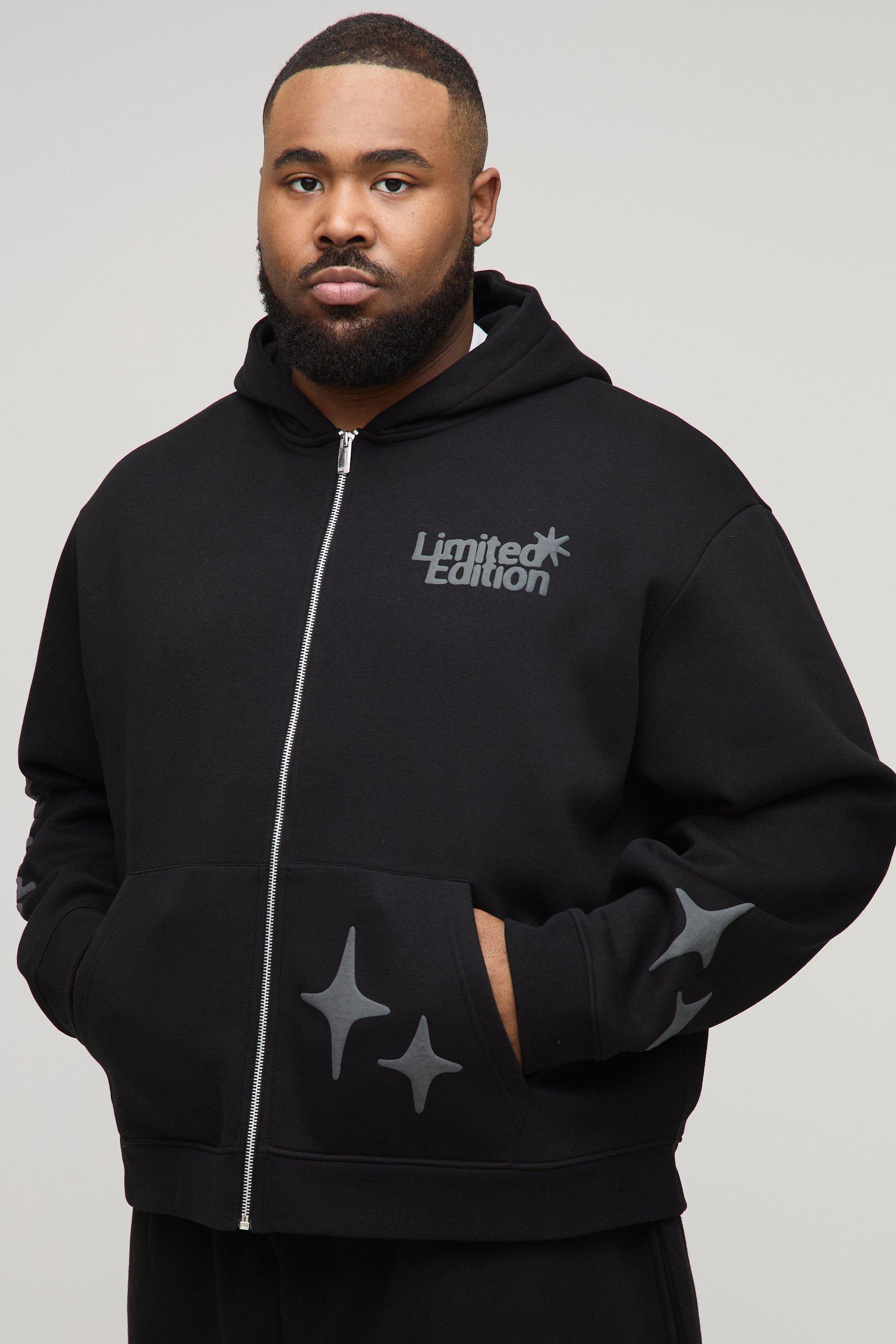 Mens Black Plus Oversized Boxy Worldwide Puff Print Zip Through Hoodie, Black