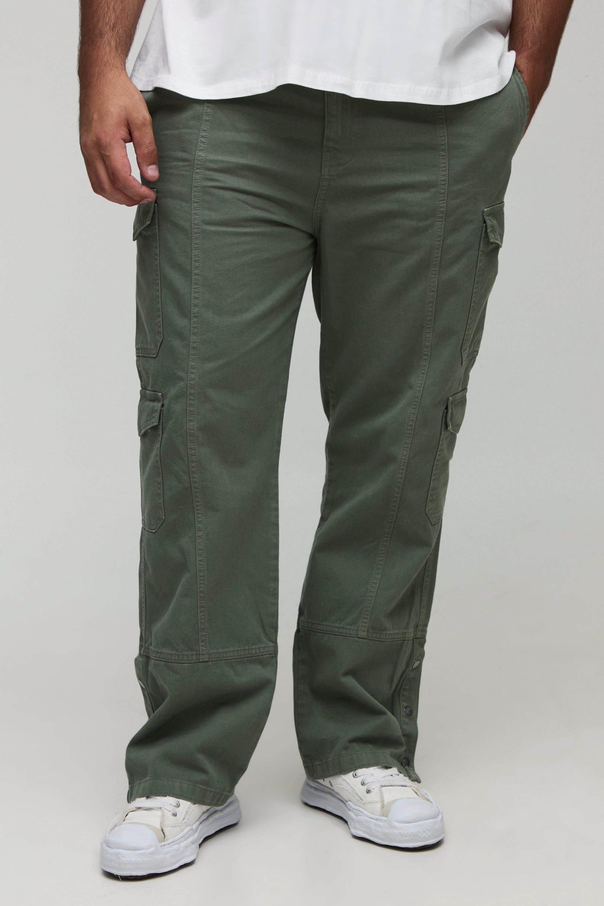 Mens Green Plus Washed Multi Pocket Popper Hem Slim Flared Trousers, Green