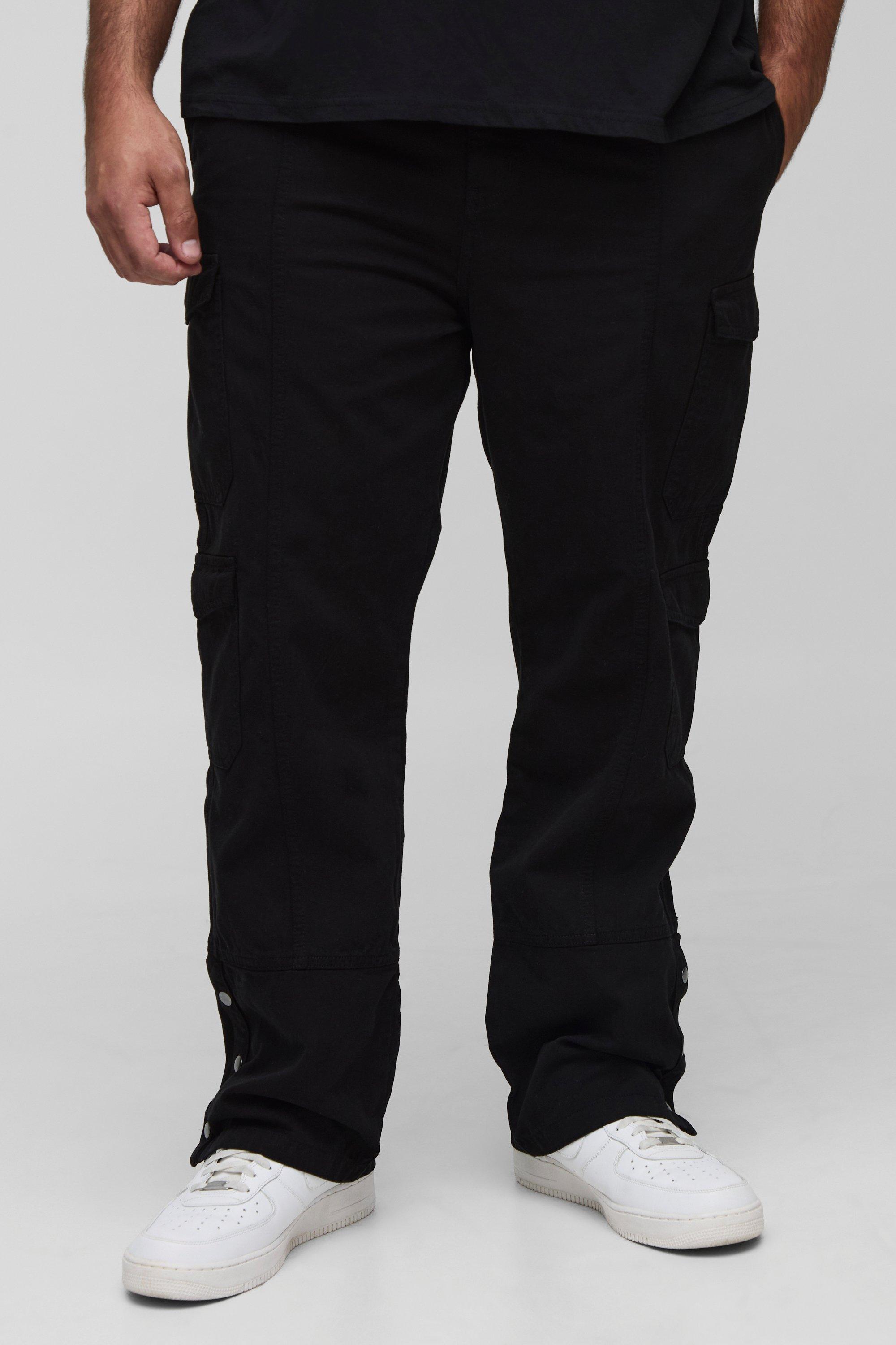 Mens Black Plus Washed Multi Pocket Popper Hem Slim Flared Trousers, Black