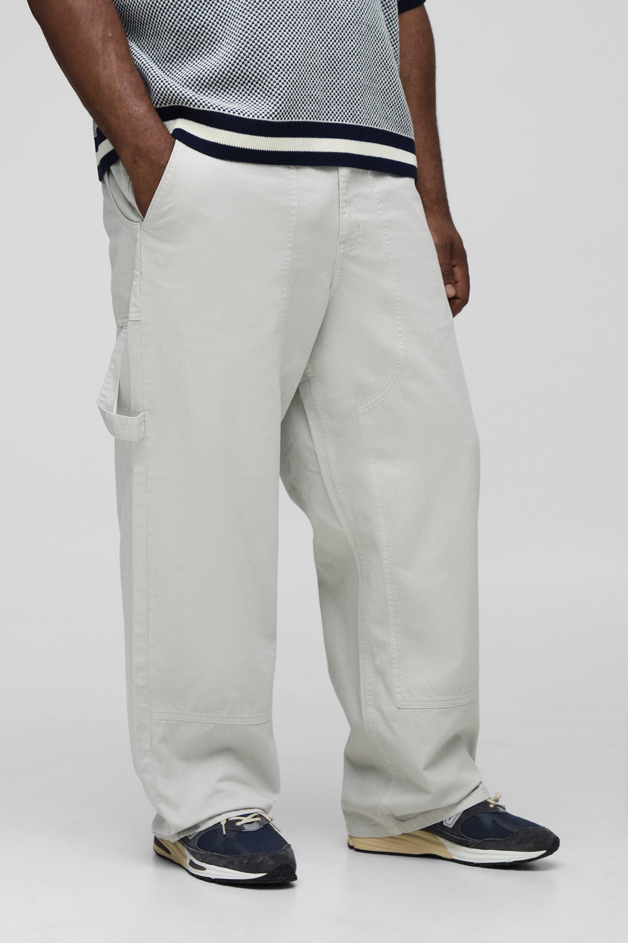 Mens Beige Plus Washed Relaxed Fit Carpenter Panel Trousers, Beige