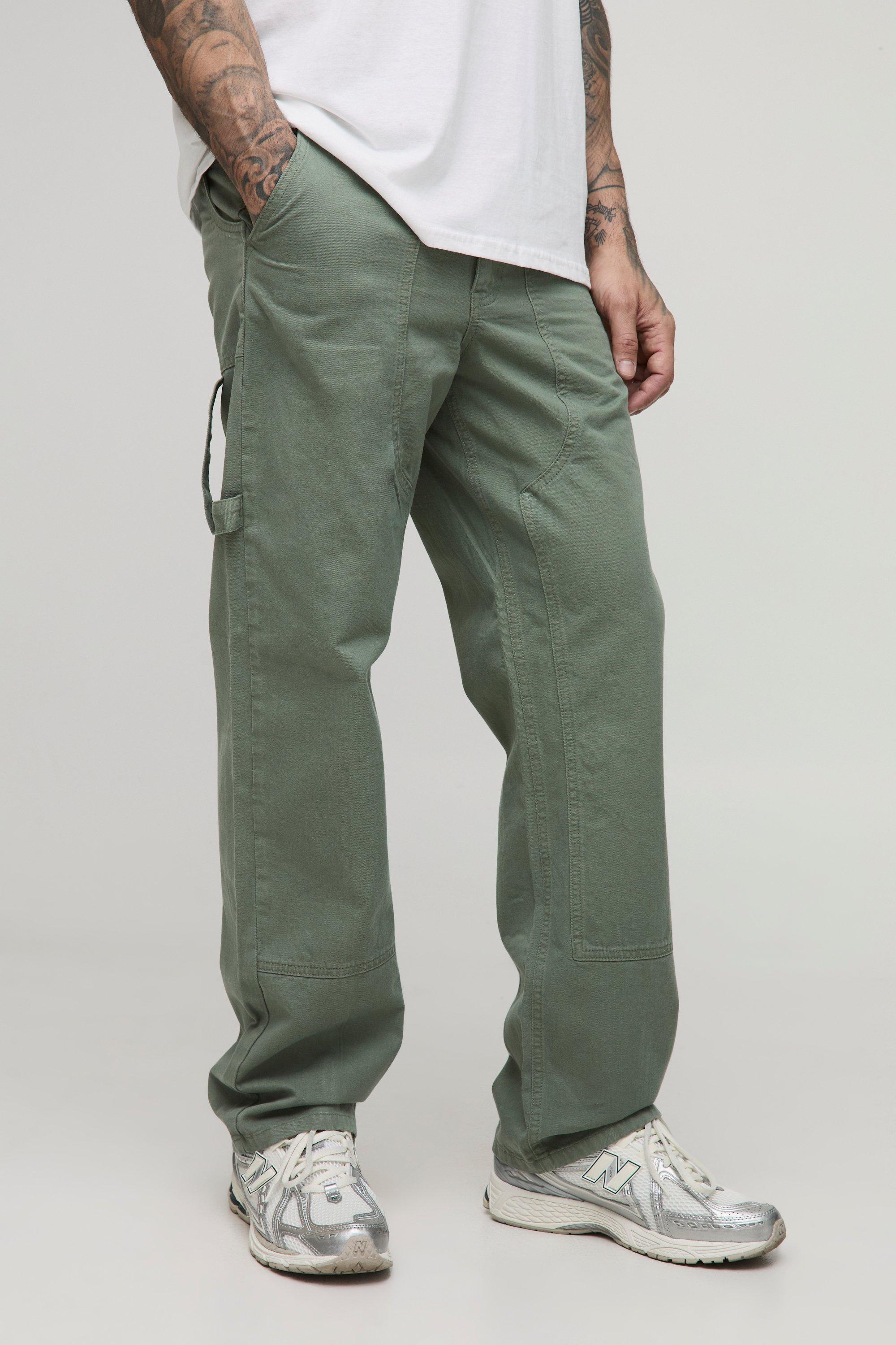 Mens Green Tall Washed Relaxed Fit Carpenter Panel Trousers, Green