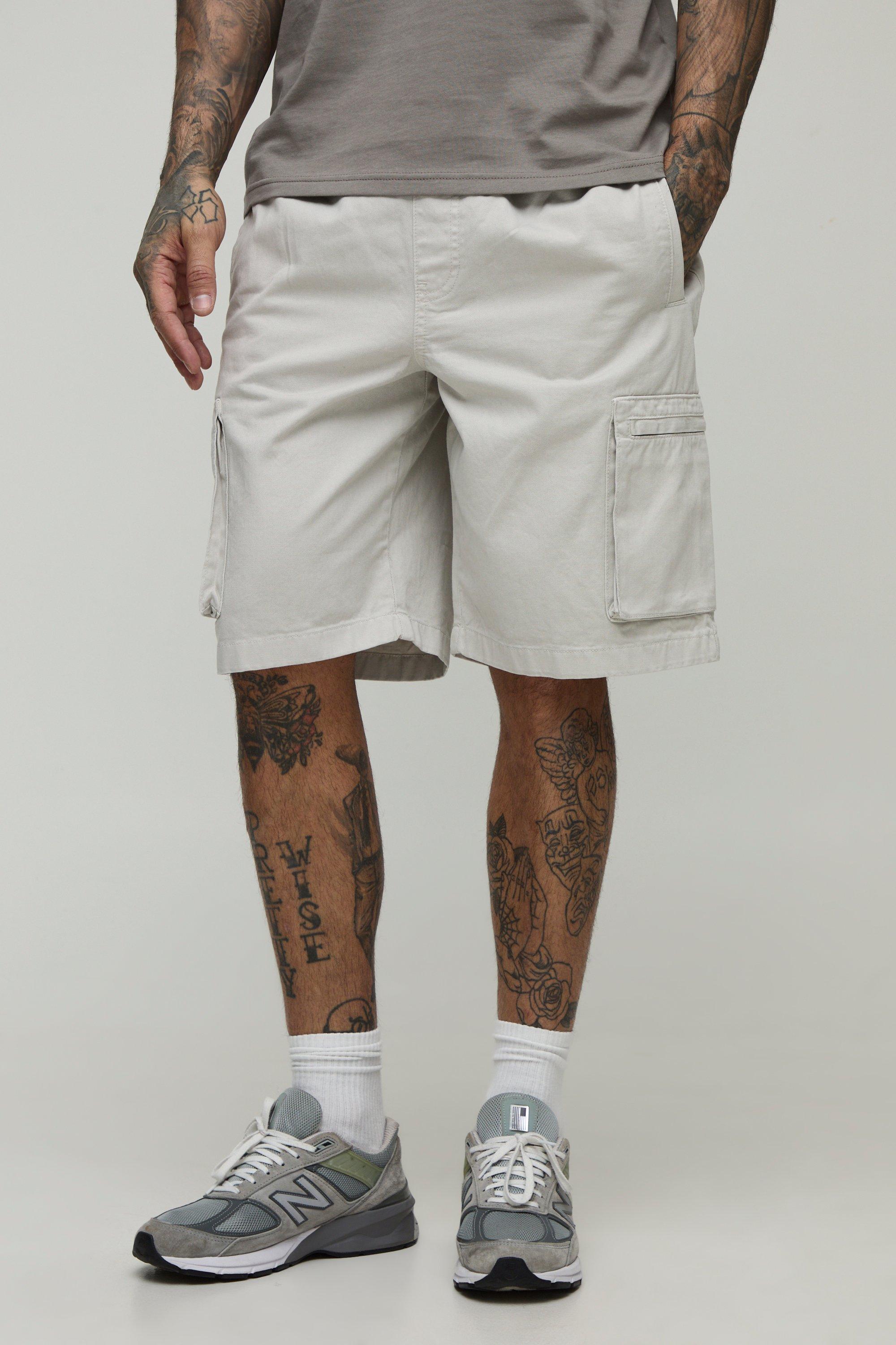 Mens Beige Tall Bungee Waist Baggy Shorts, Beige