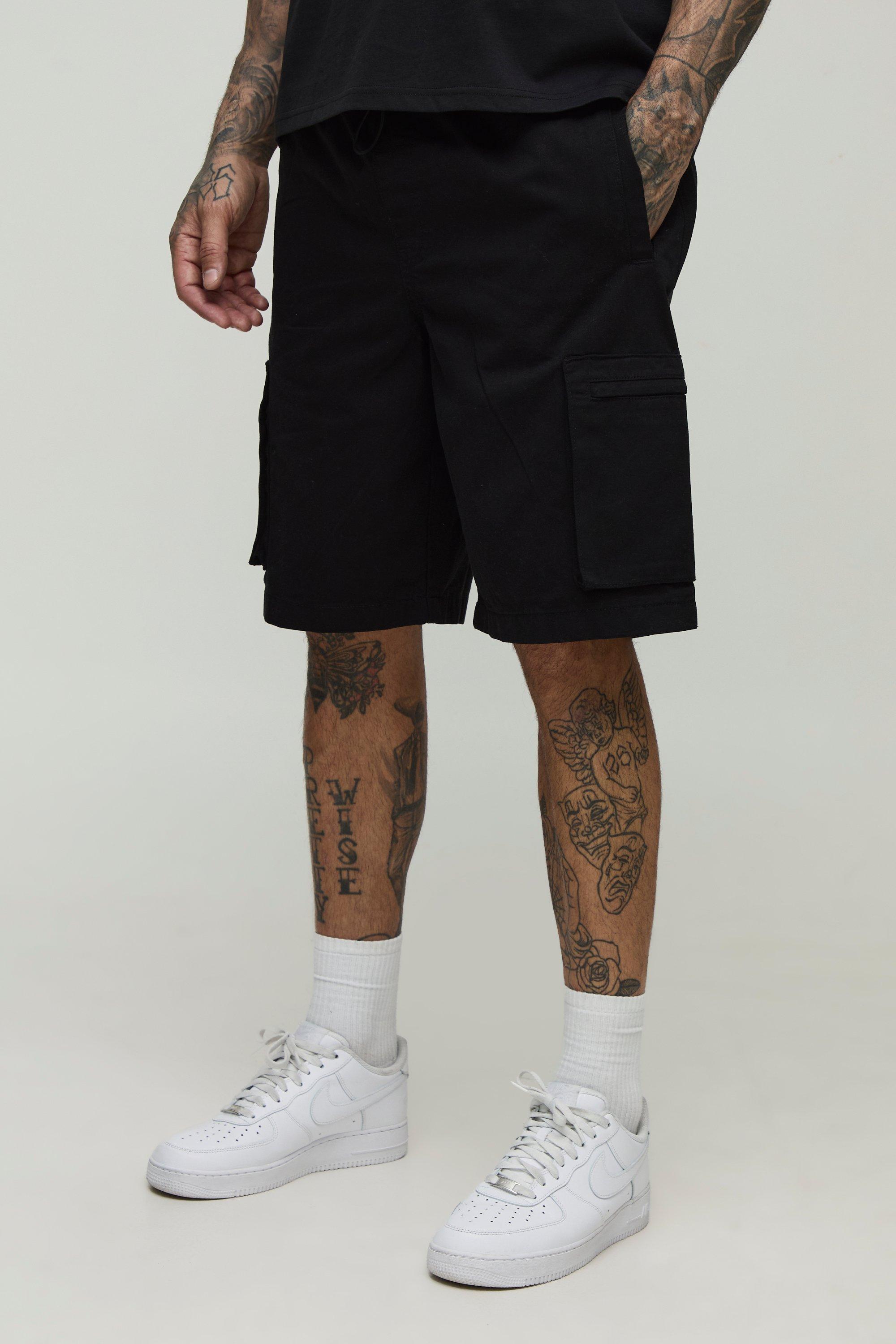 Mens Black Tall Bungee Waist Baggy Shorts, Black