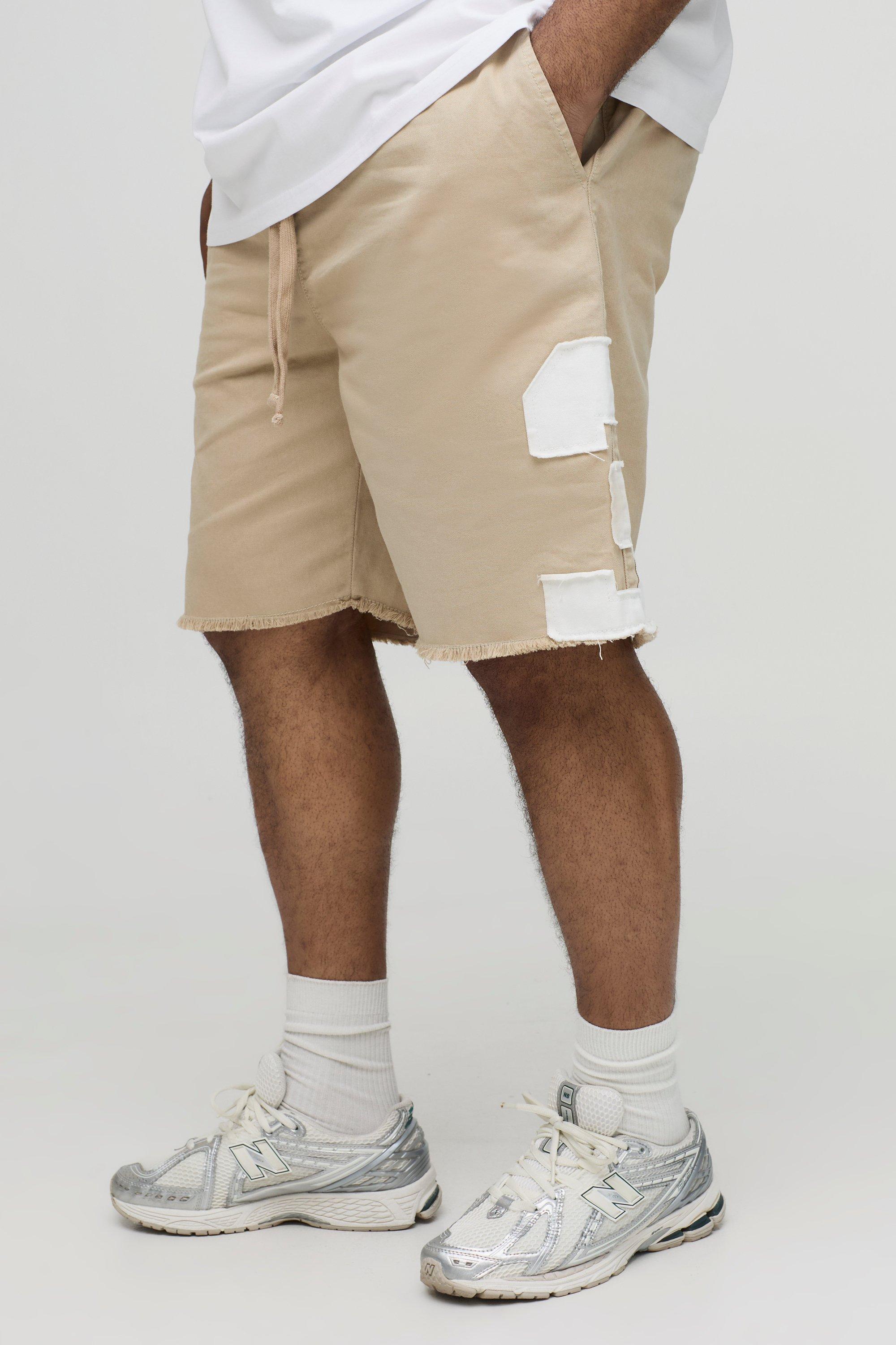 Mens Beige Plus Relaxed Fit 13 Applique Extended Drawcord Shorts, Beige