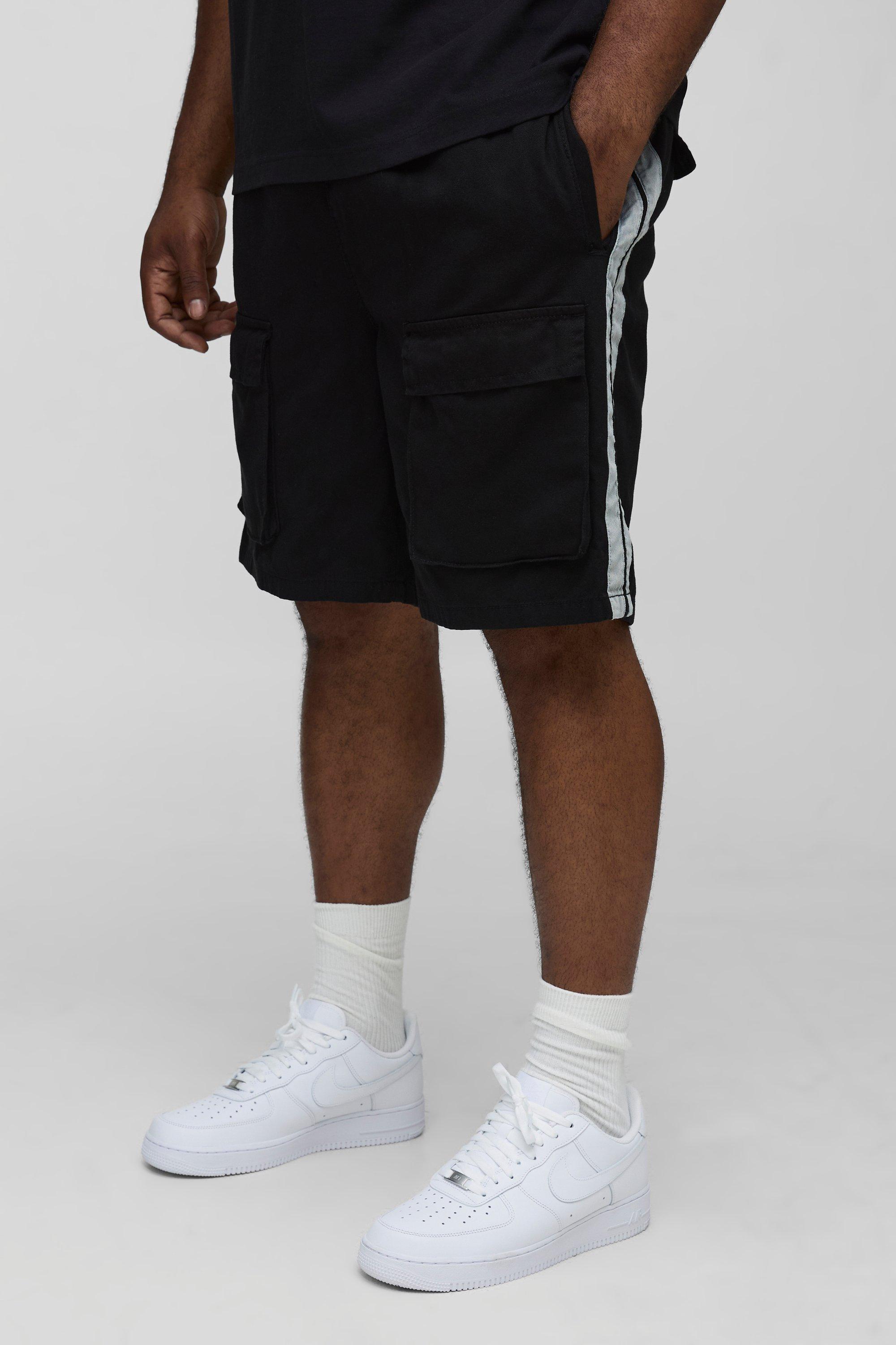 Mens Black Plus Relaxed Fit Side Panel Drawcord Cargo Shorts, Black