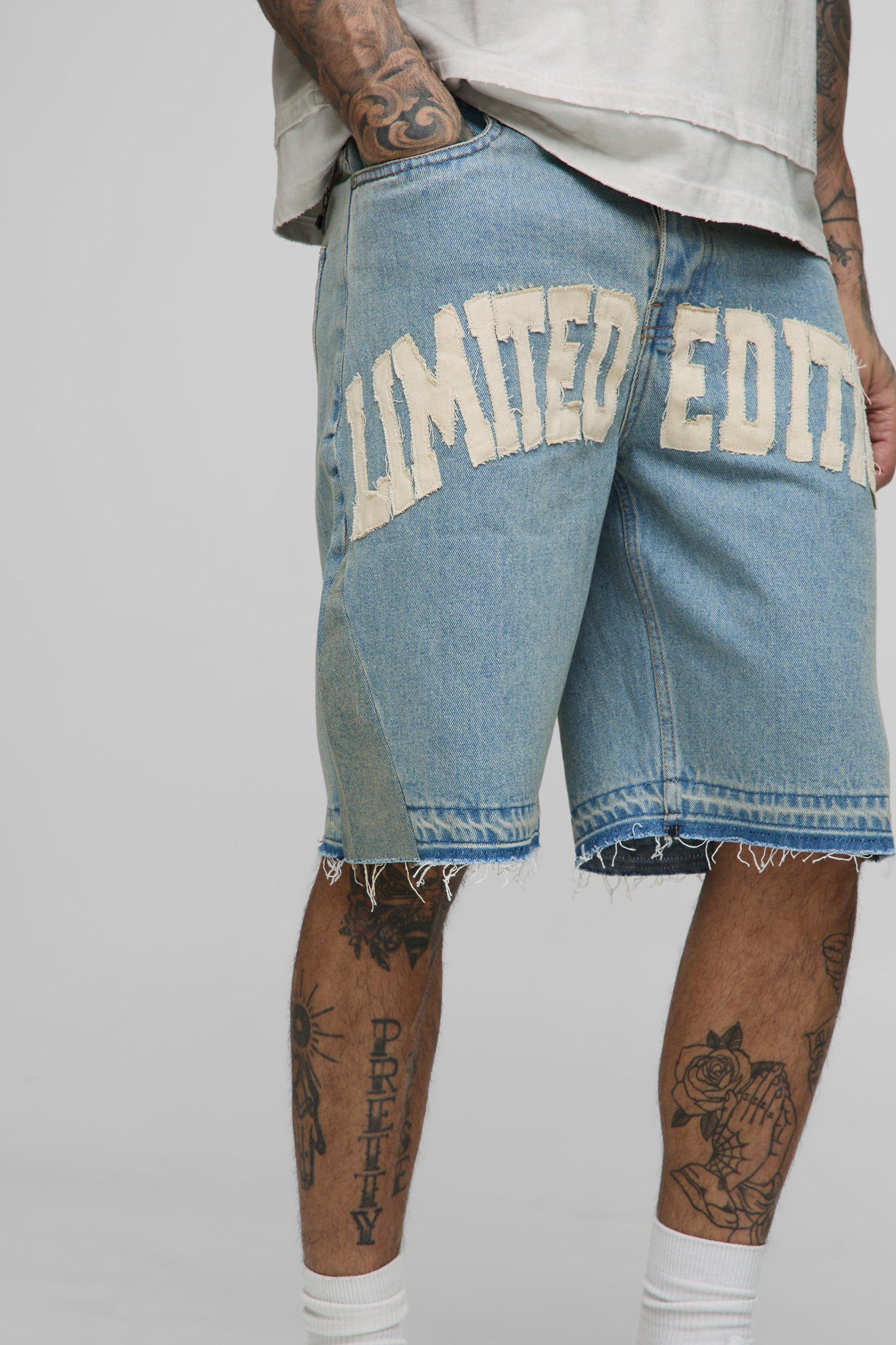 Mens Grey Tall Applique Raw Hem Gusset Relaxed Denim Shorts, Grey