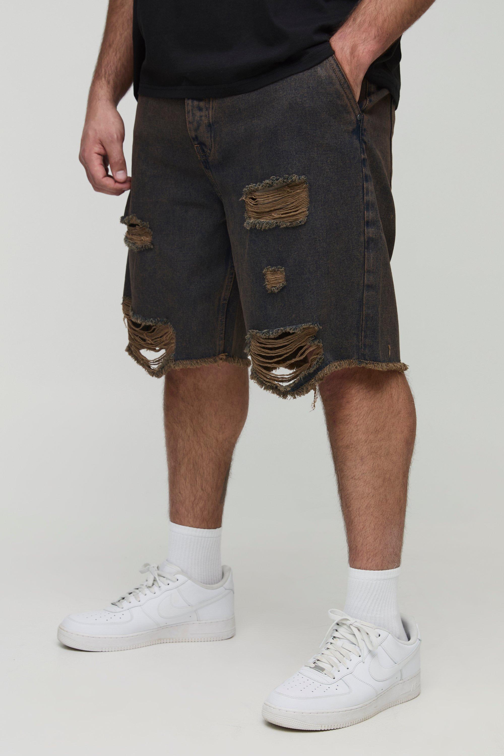Mens Grey Plus Distressed Drawcord Relaxed Fit Denim Shorts, Grey