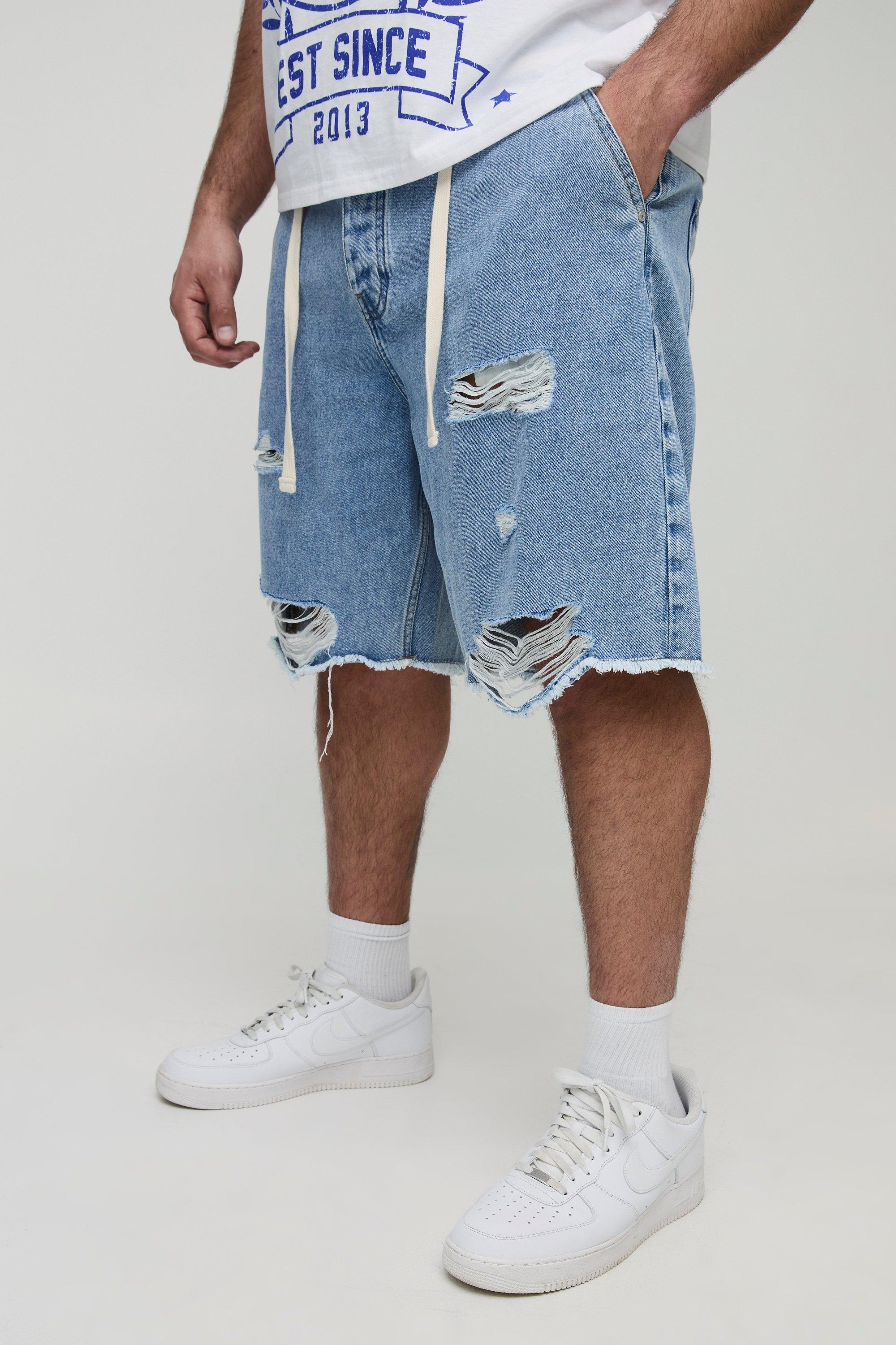 Mens Grey Plus Distressed Drawcord Relaxed Fit Denim Shorts, Grey