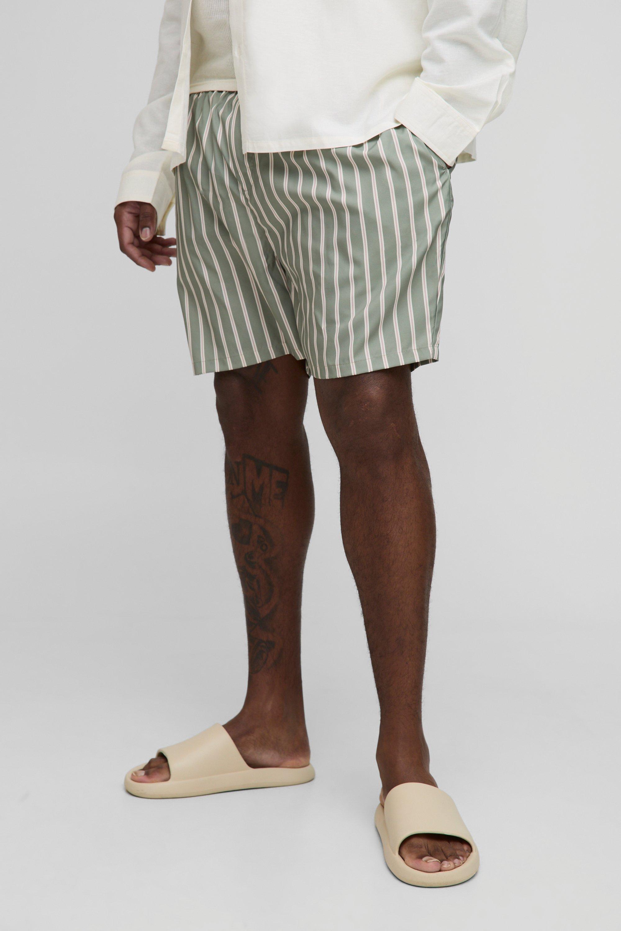 Mens Green Plus Mid Length Stripe Swim Shorts, Green