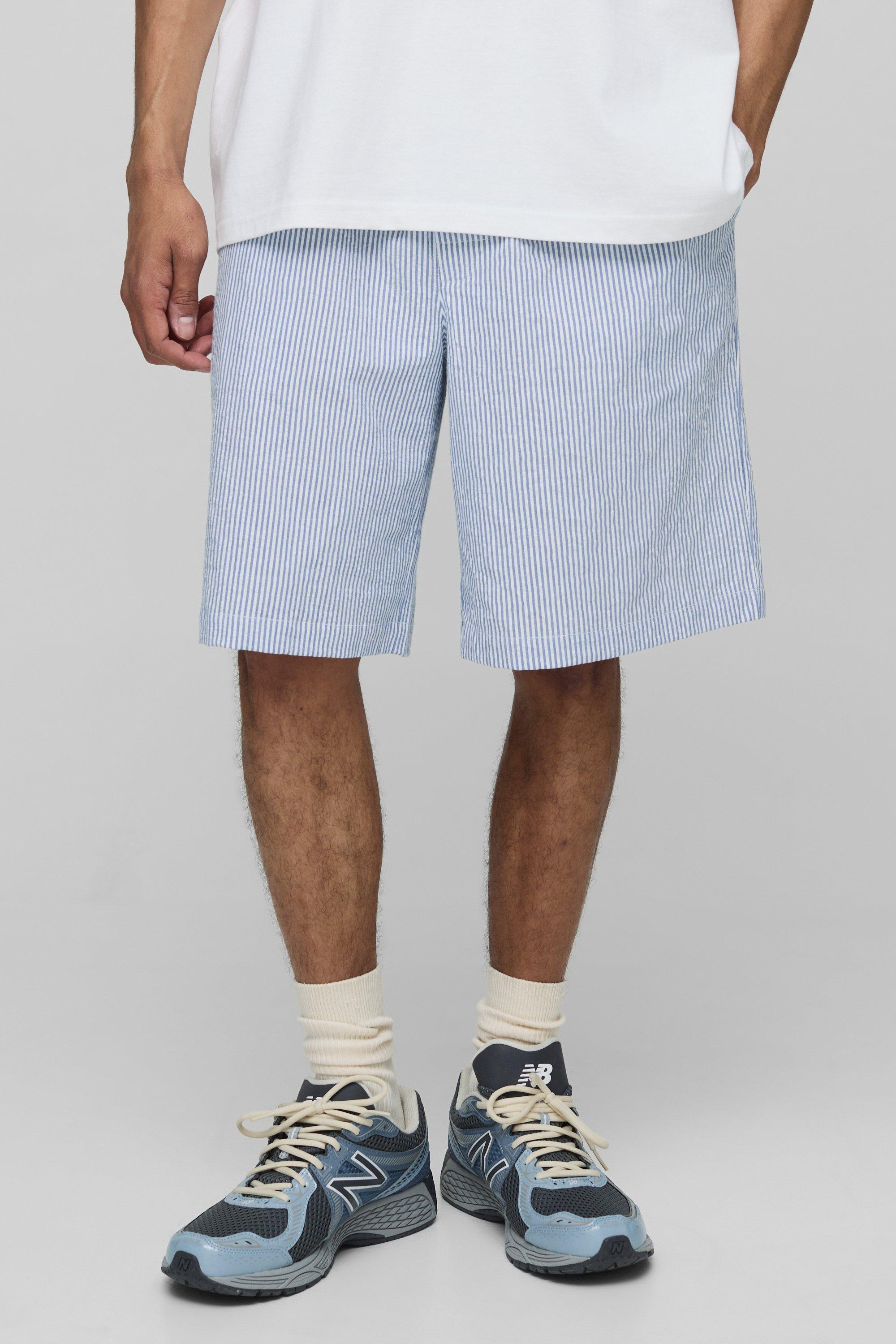 Mens Blue Elasticated Baggy Striped Seersucker Shorts, Blue