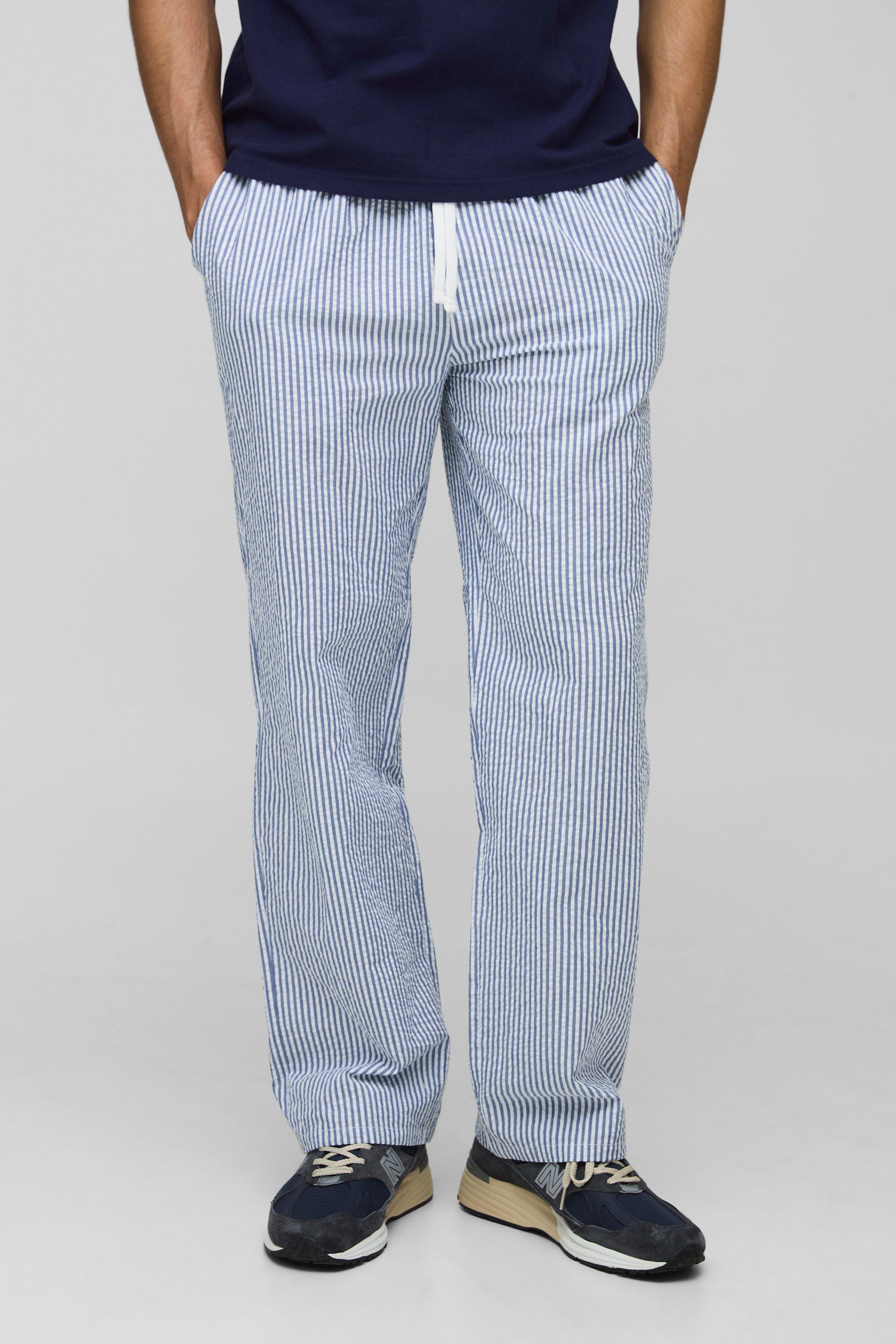 Mens Blue Elasticated Relaxed Fit Striped Seersucker Trousers, Blue